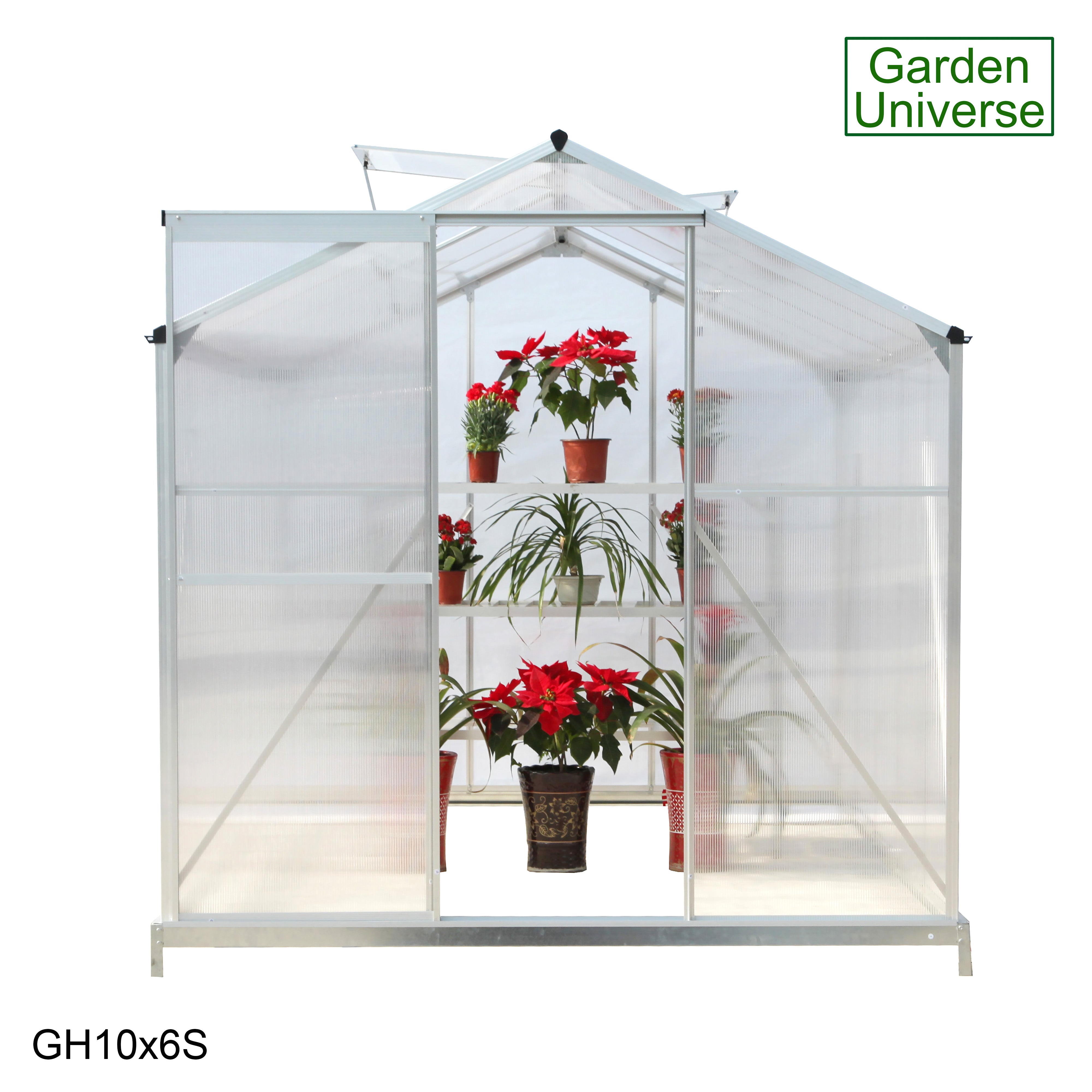 Greenhouse 6' x 10' Silver Aluminium Frame Polycarbonate Panels and Free Base