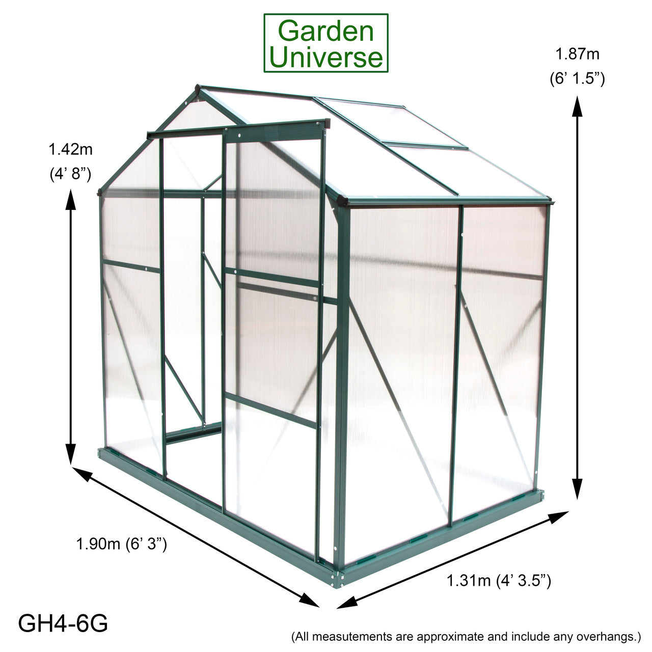 Greenhouse 6' x 4' Green Aluminium Frame with Polycarbonate Panels and Free Base