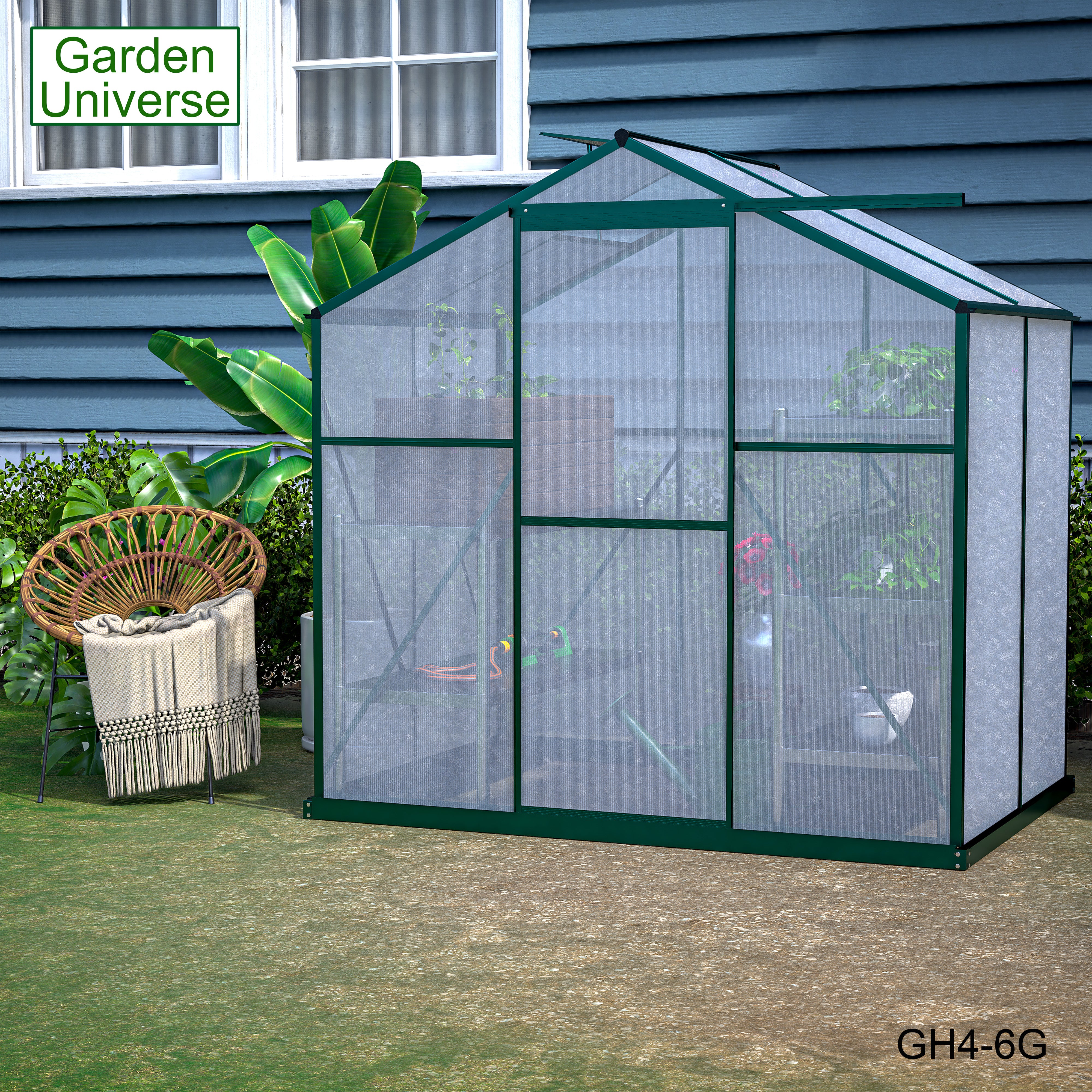 Greenhouse 6' x 4' Green Aluminium Frame with Polycarbonate Panels and Free Base