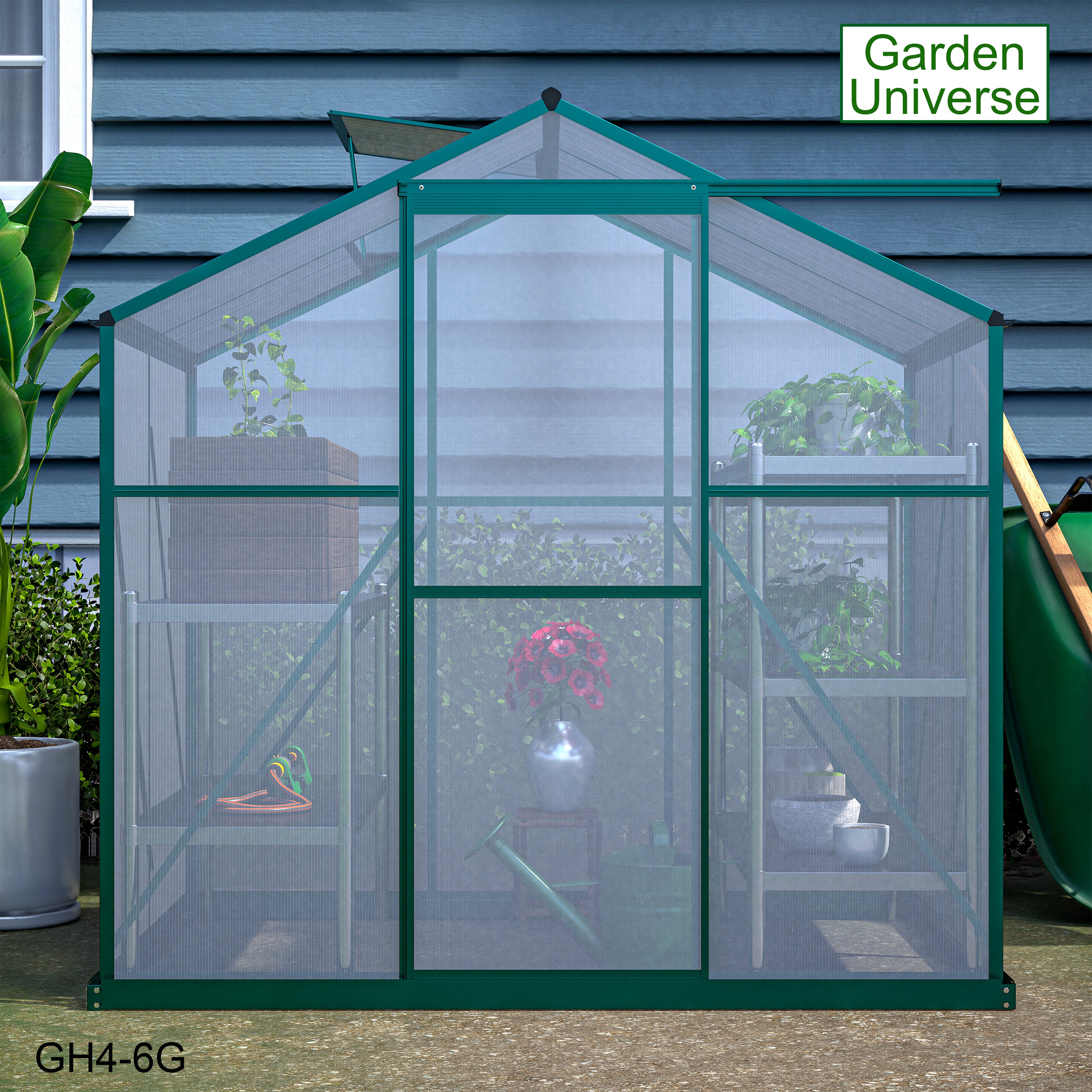 Greenhouse 6' x 4' Green Aluminium Frame with Polycarbonate Panels and Free Base