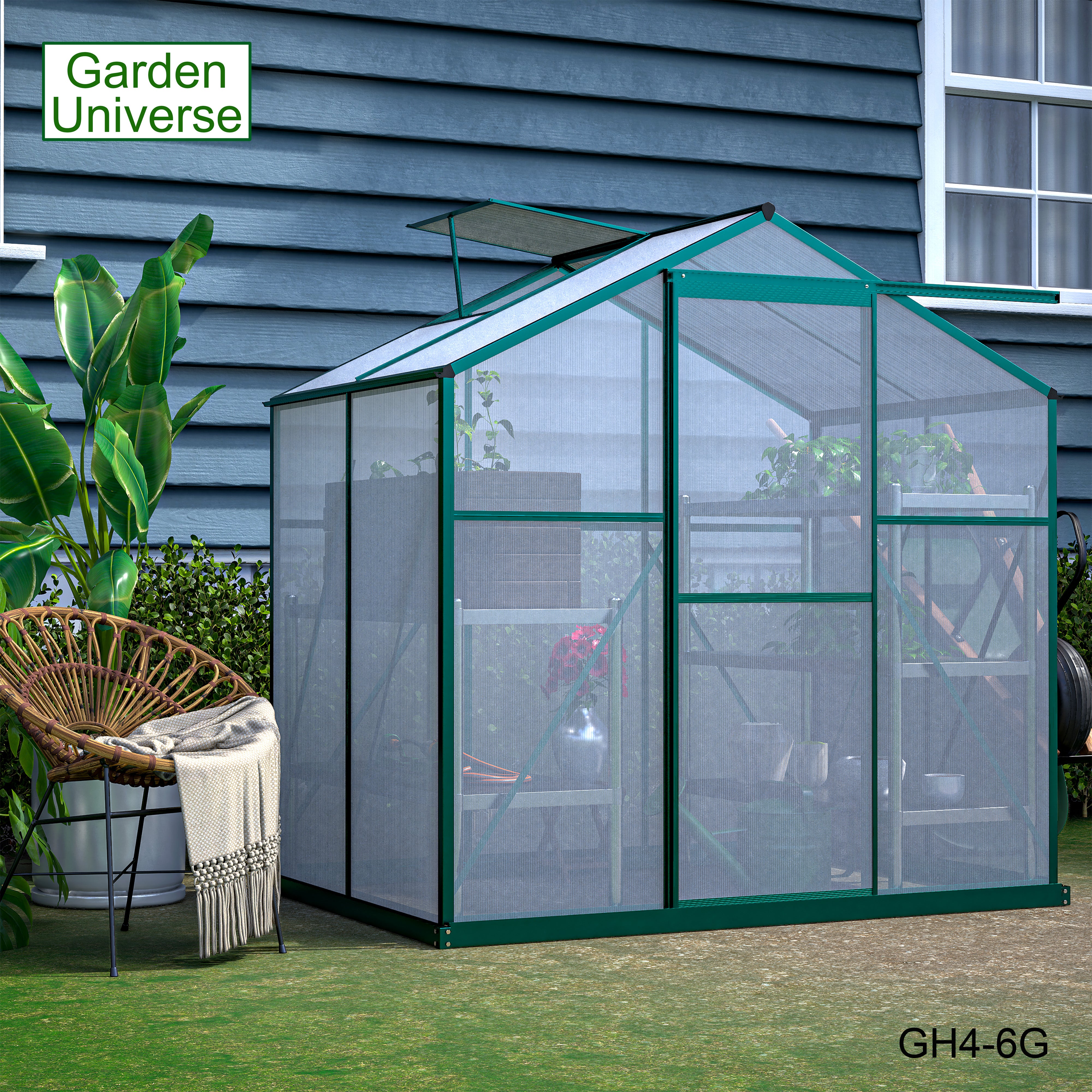 Greenhouse 6' x 4' Green Aluminium Frame with Polycarbonate Panels and Free Base