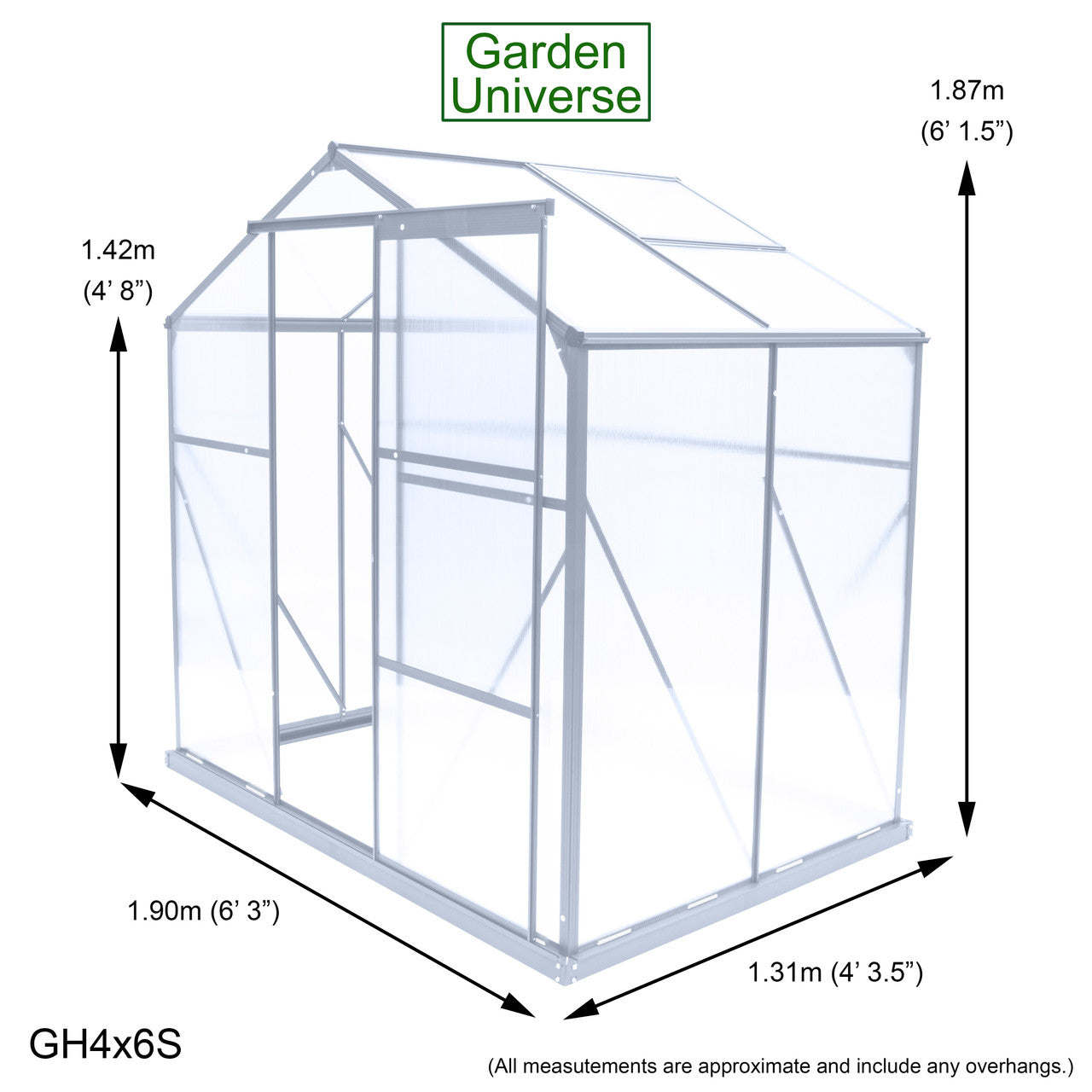 Greenhouse 6' x 4' Silver Aluminium Frame Polycarbonate Panels and Free Base