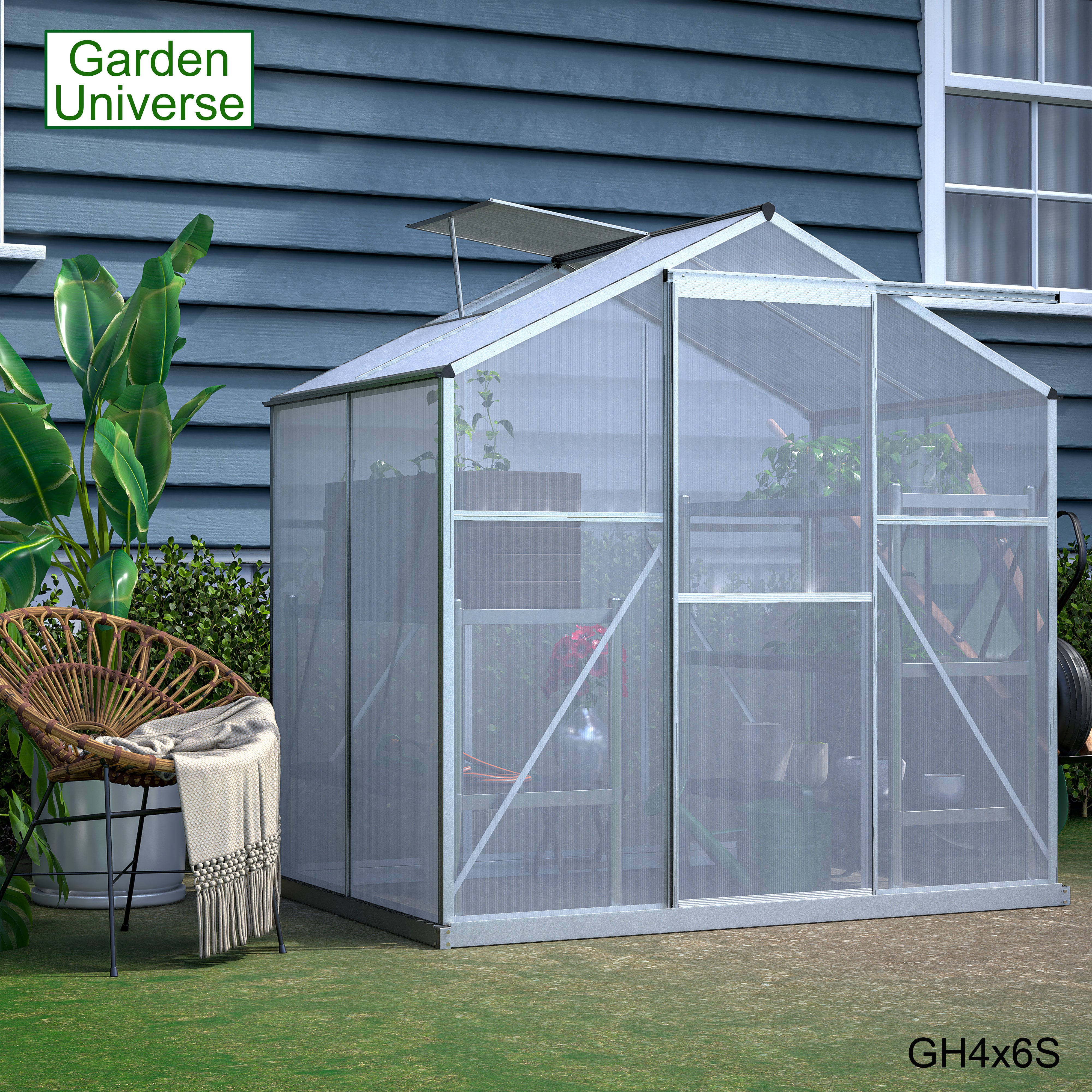 Greenhouse 6' x 4' Silver Aluminium Frame Polycarbonate Panels and Free Base