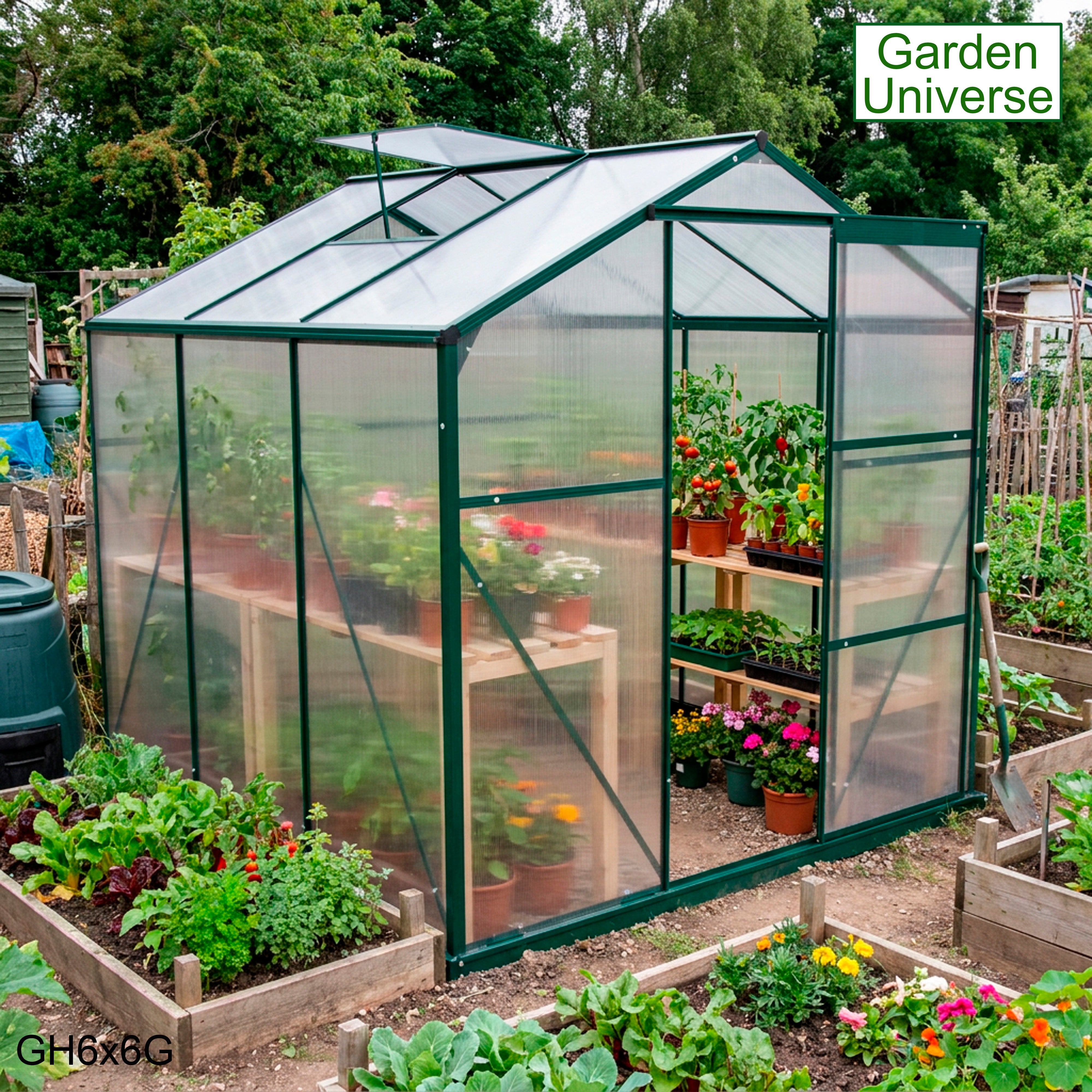 Greenhouse 6' x 6' Green Aluminium Frame Polycarbonate Panels and Free Base