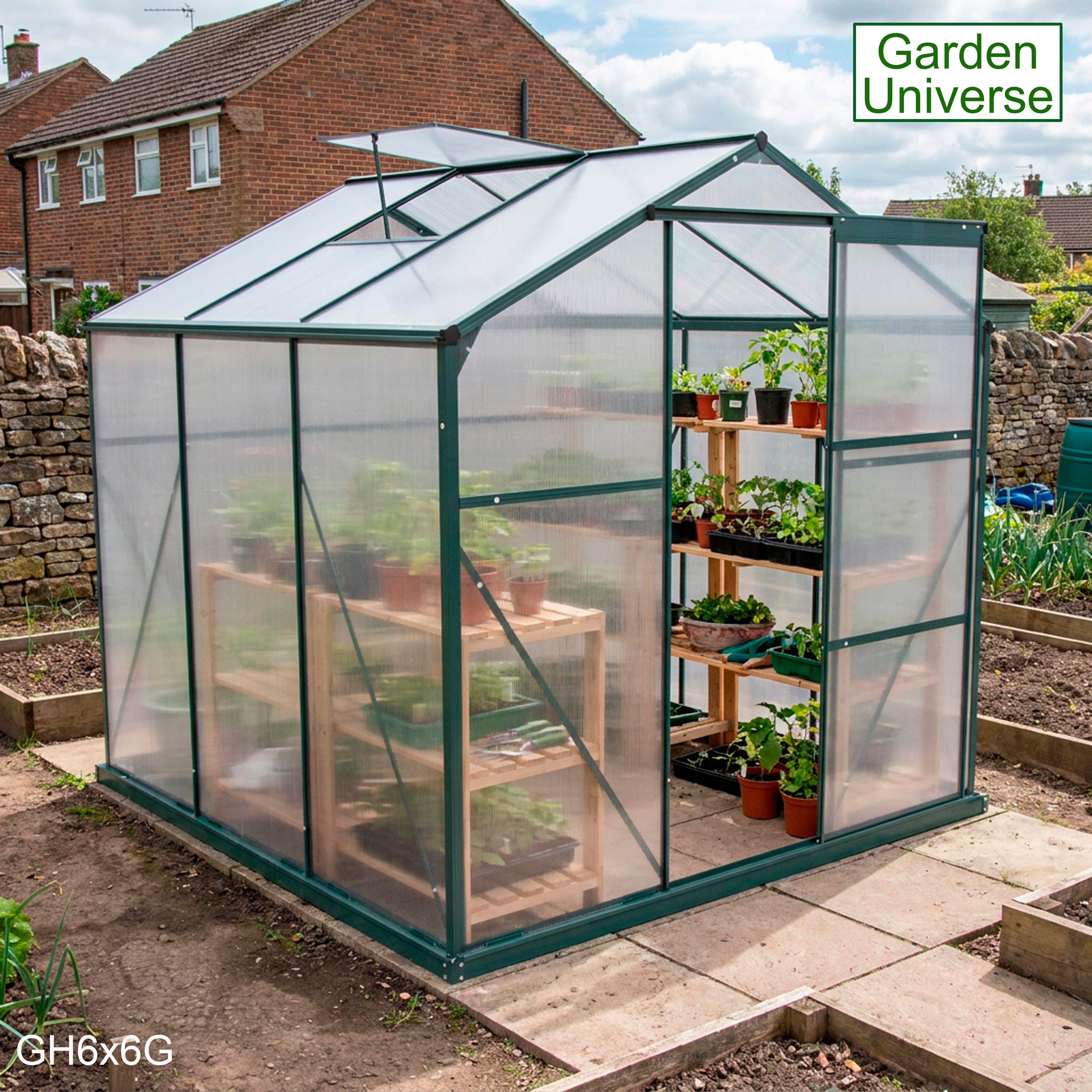 Greenhouse 6' x 6' Green Aluminium Frame Polycarbonate Panels and Free Base