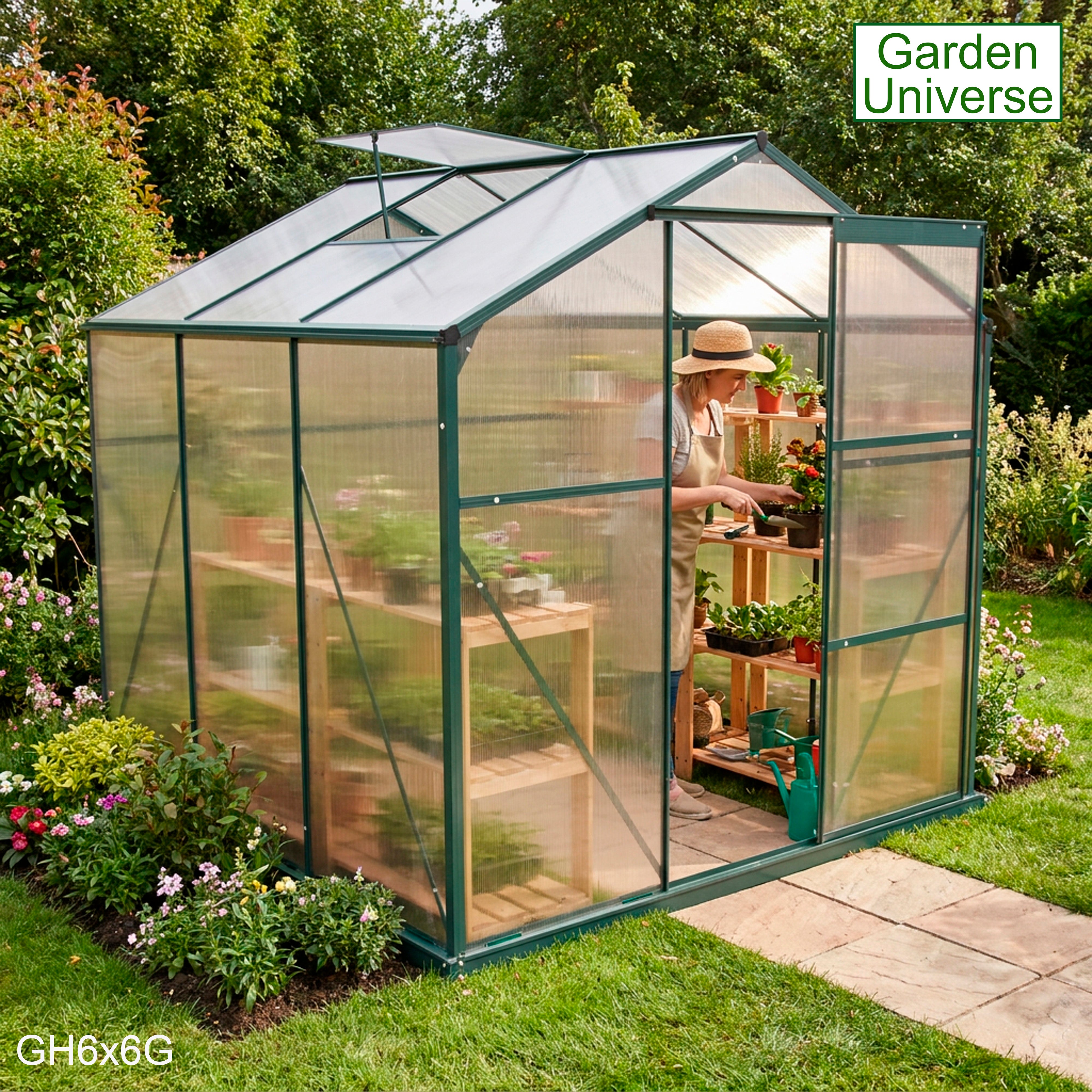 Greenhouse 6' x 6' Green Aluminium Frame Polycarbonate Panels and Free Base