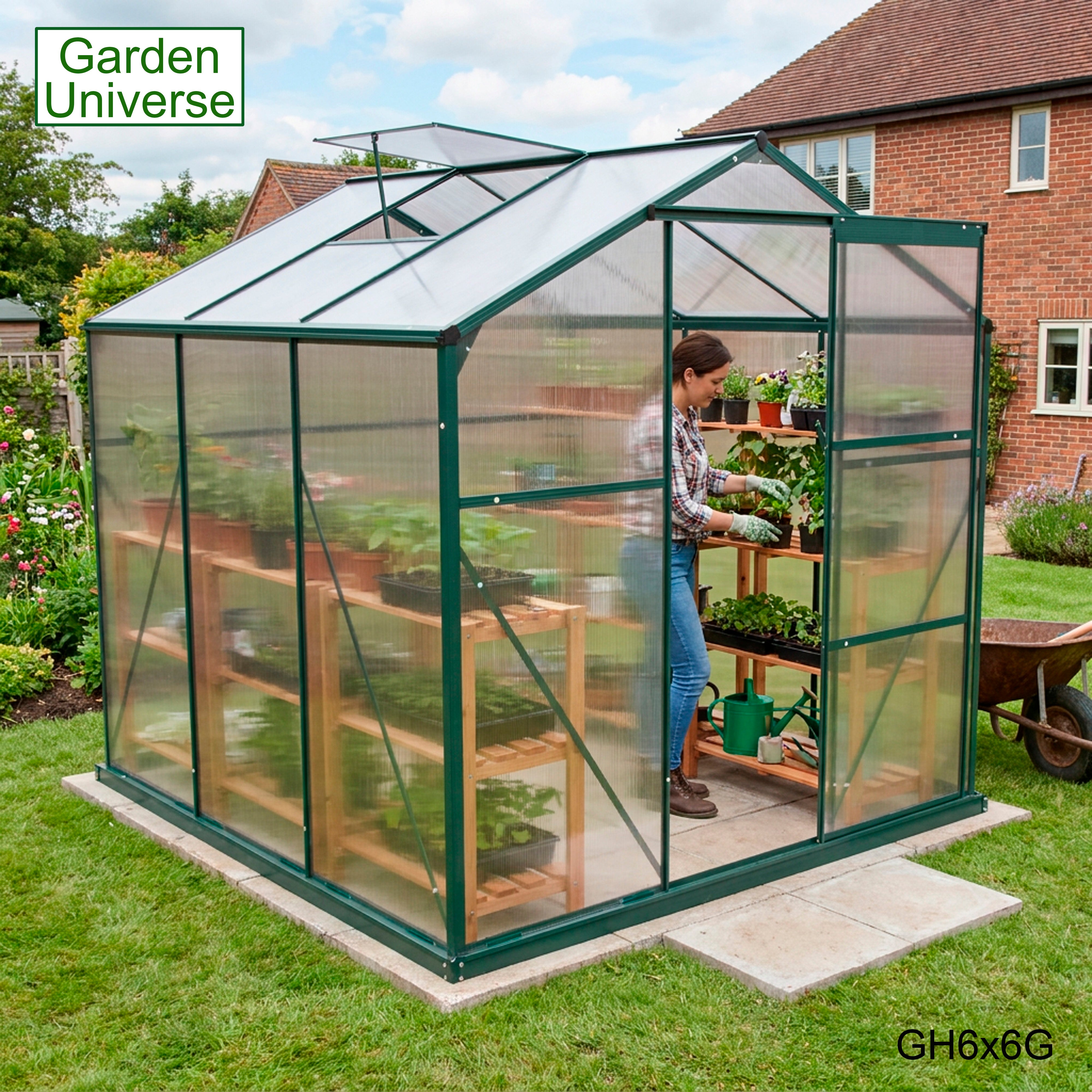 Greenhouse 6' x 6' Green Aluminium Frame Polycarbonate Panels and Free Base