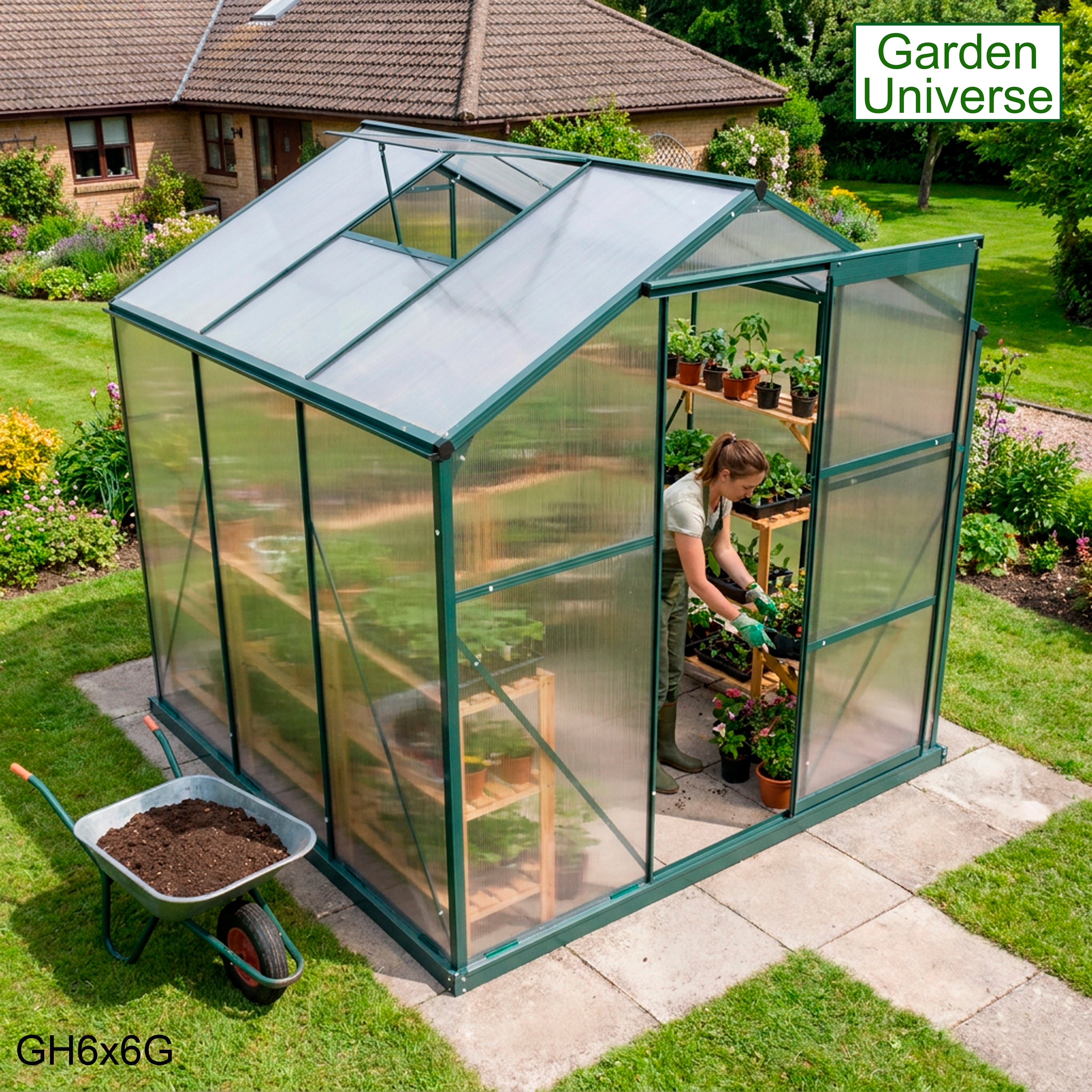 Greenhouse 6' x 6' Green Aluminium Frame Polycarbonate Panels and Free Base