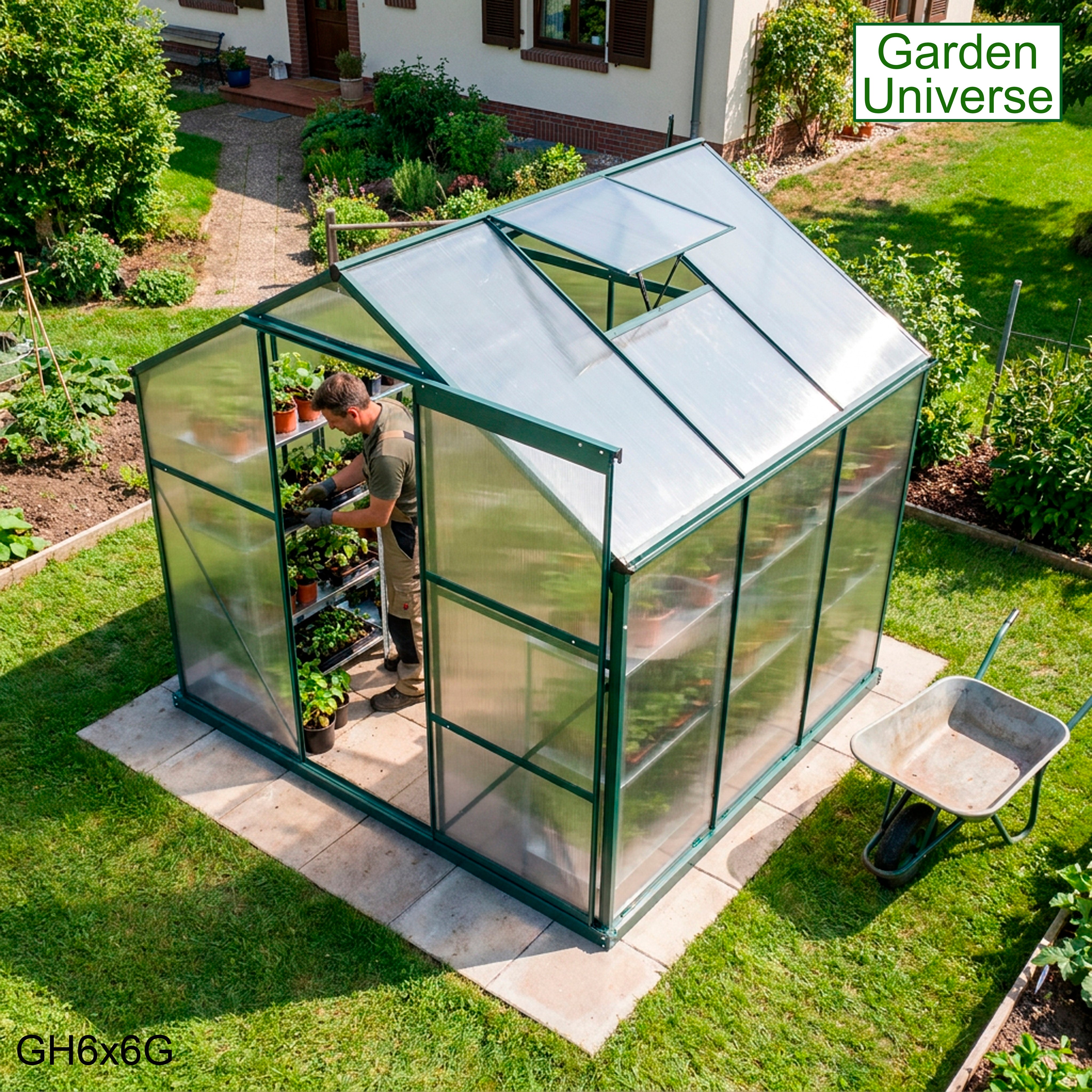 Greenhouse 6' x 6' Green Aluminium Frame Polycarbonate Panels and Free Base