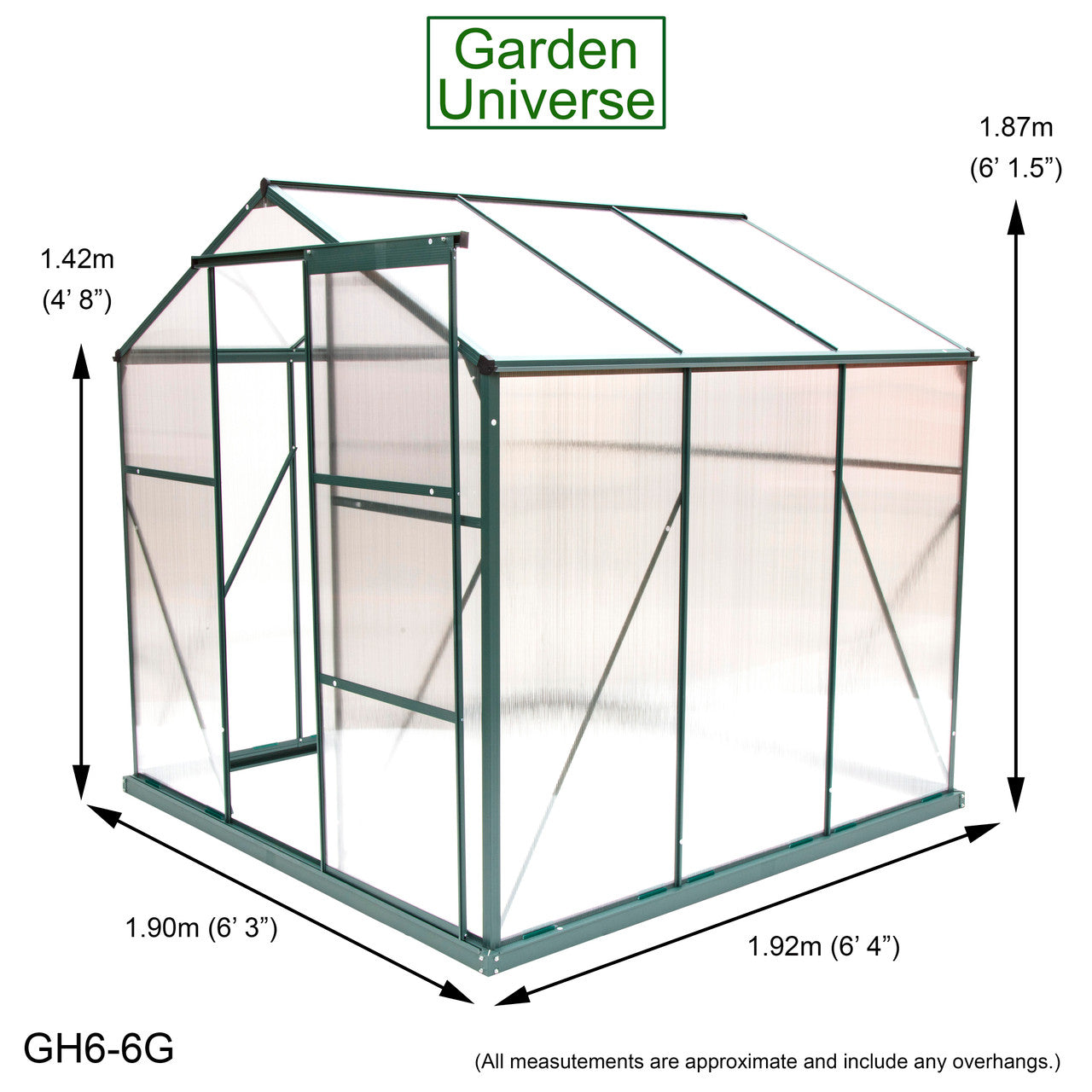 Greenhouse 6' x 6' Green Aluminium Frame Polycarbonate Panels and Free Base