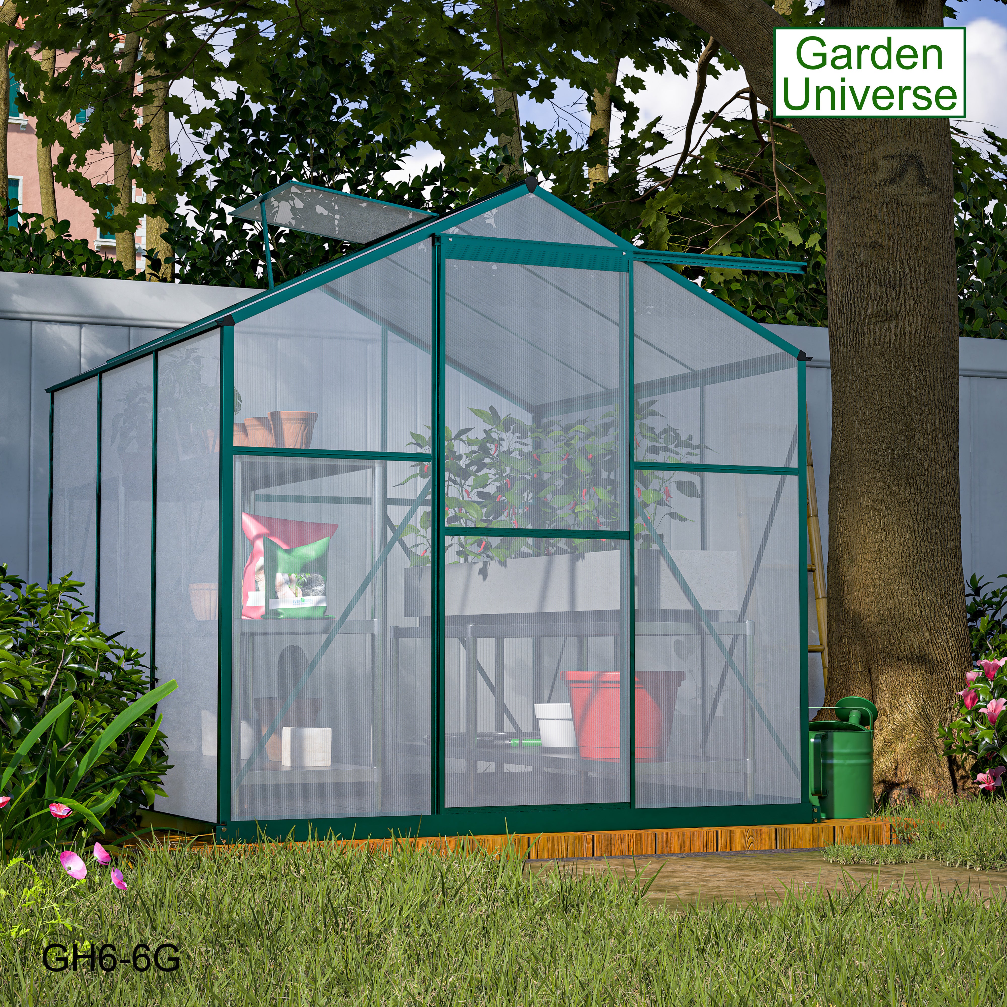 Greenhouse 6' x 6' Green Aluminium Frame Polycarbonate Panels and Free Base