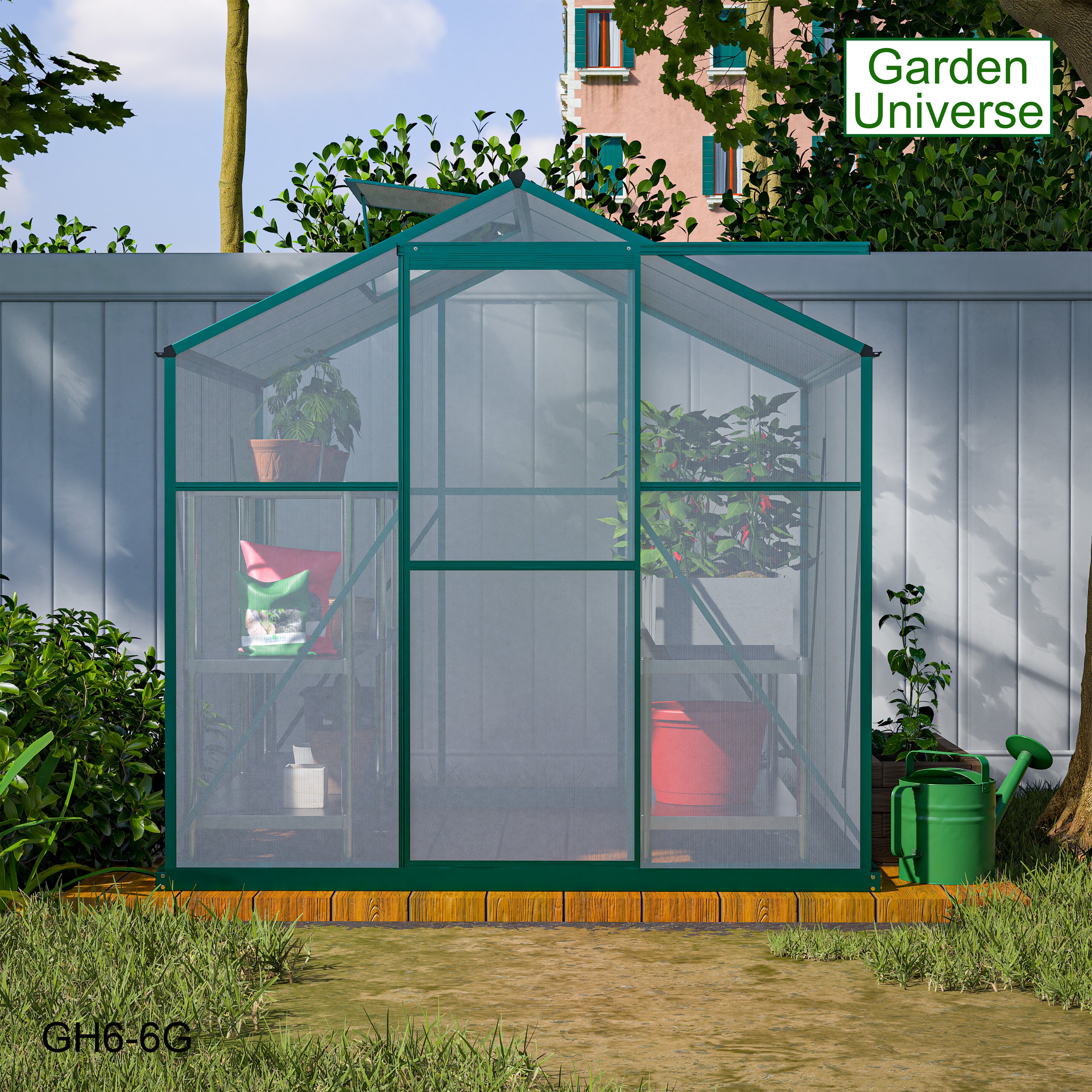 Greenhouse 6' x 6' Green Aluminium Frame Polycarbonate Panels and Free Base