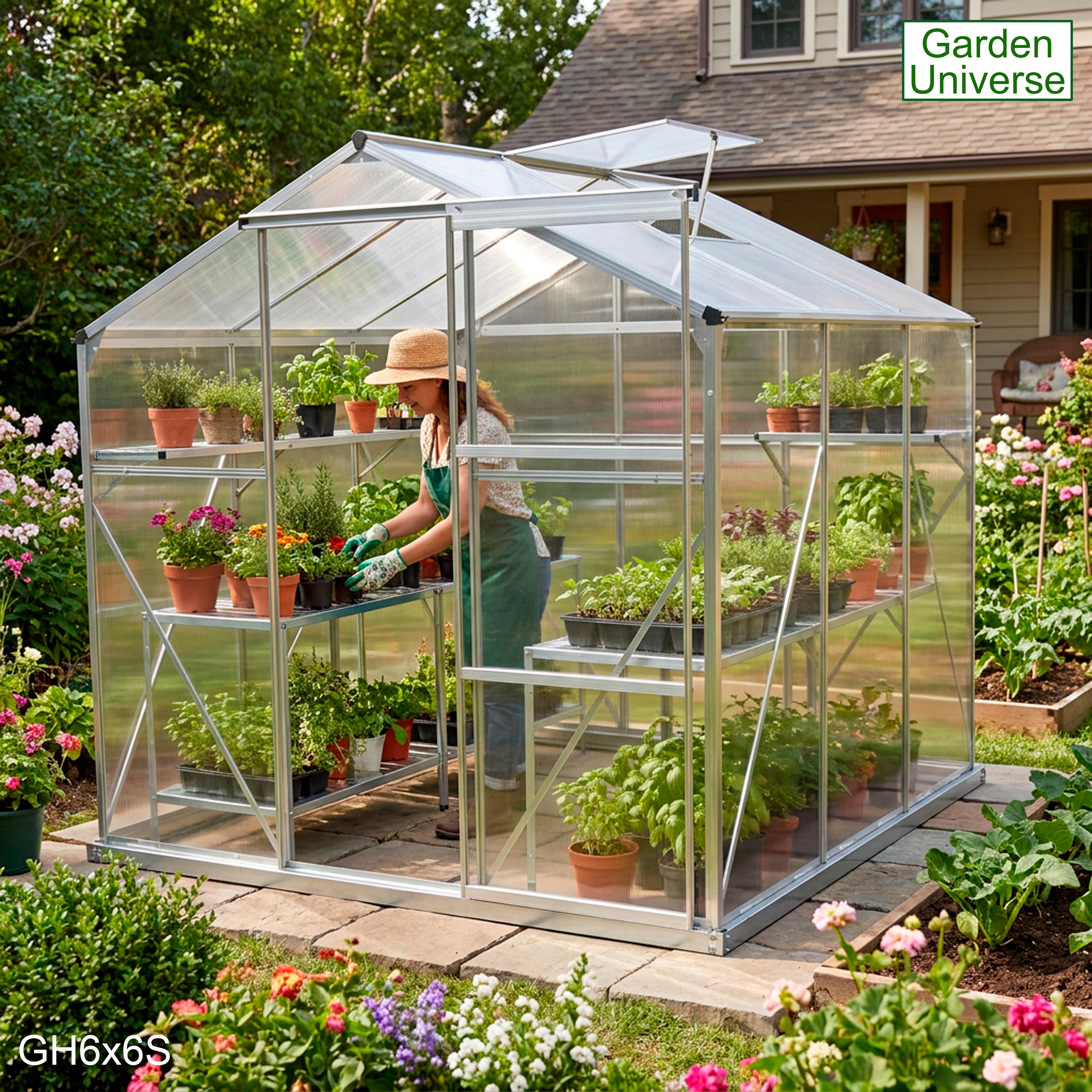 Greenhouse 6' x 6' Silver Aluminium Frame Polycarbonate Panels and Free Base