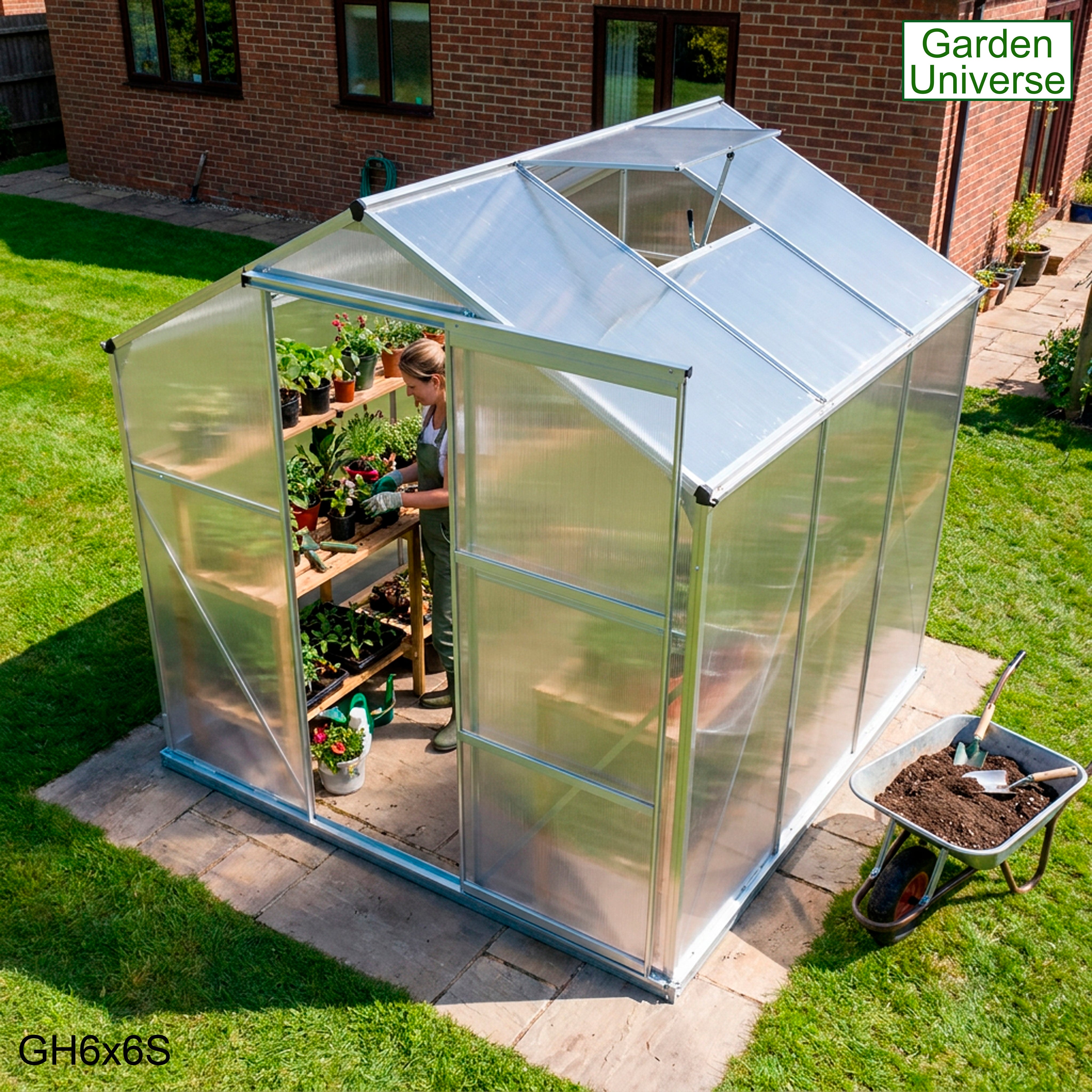 Greenhouse 6' x 6' Silver Aluminium Frame Polycarbonate Panels and Free Base