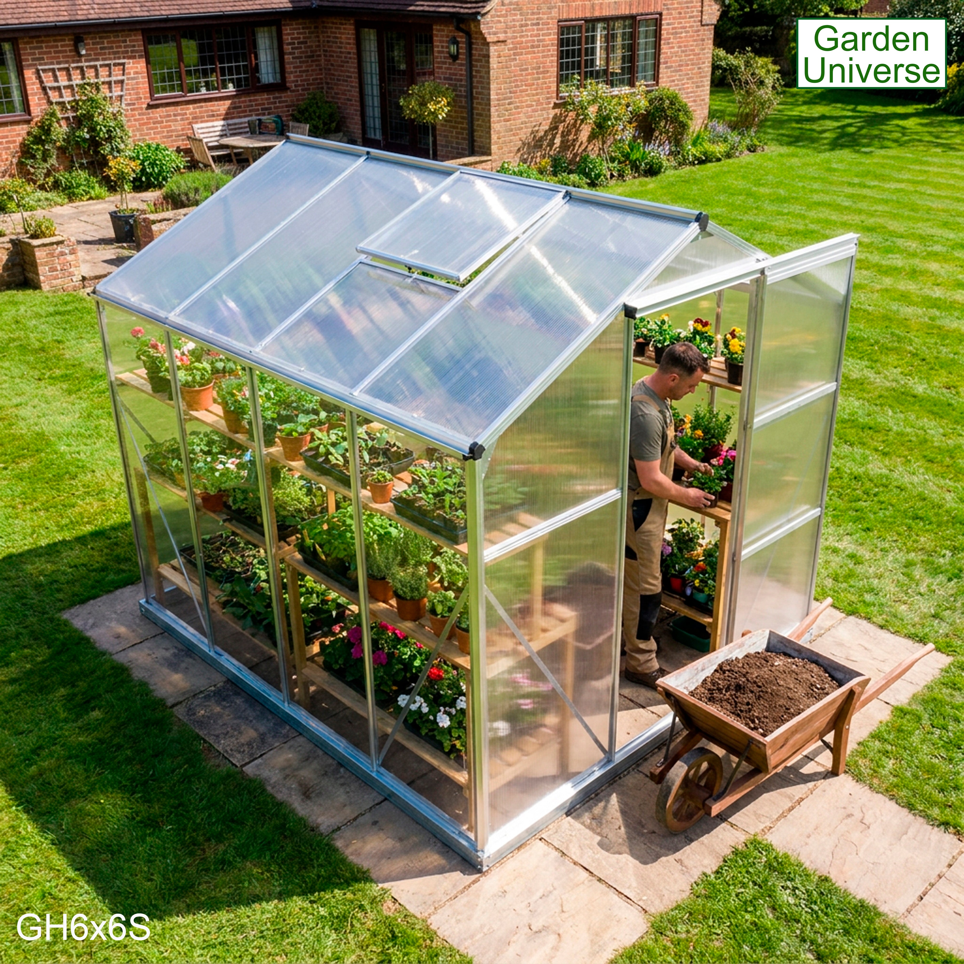 Greenhouse 6' x 6' Silver Aluminium Frame Polycarbonate Panels and Free Base