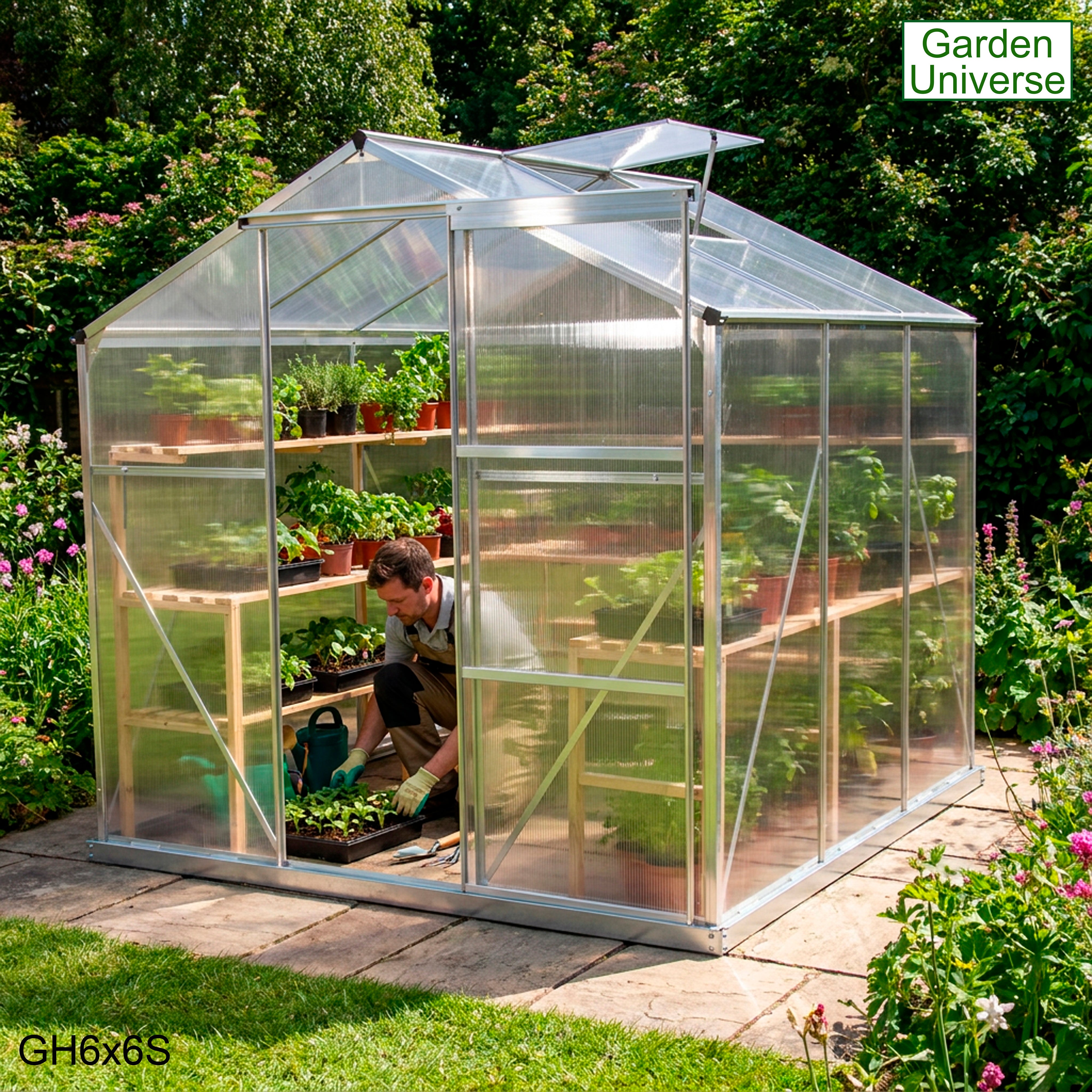Greenhouse 6' x 6' Silver Aluminium Frame Polycarbonate Panels and Free Base