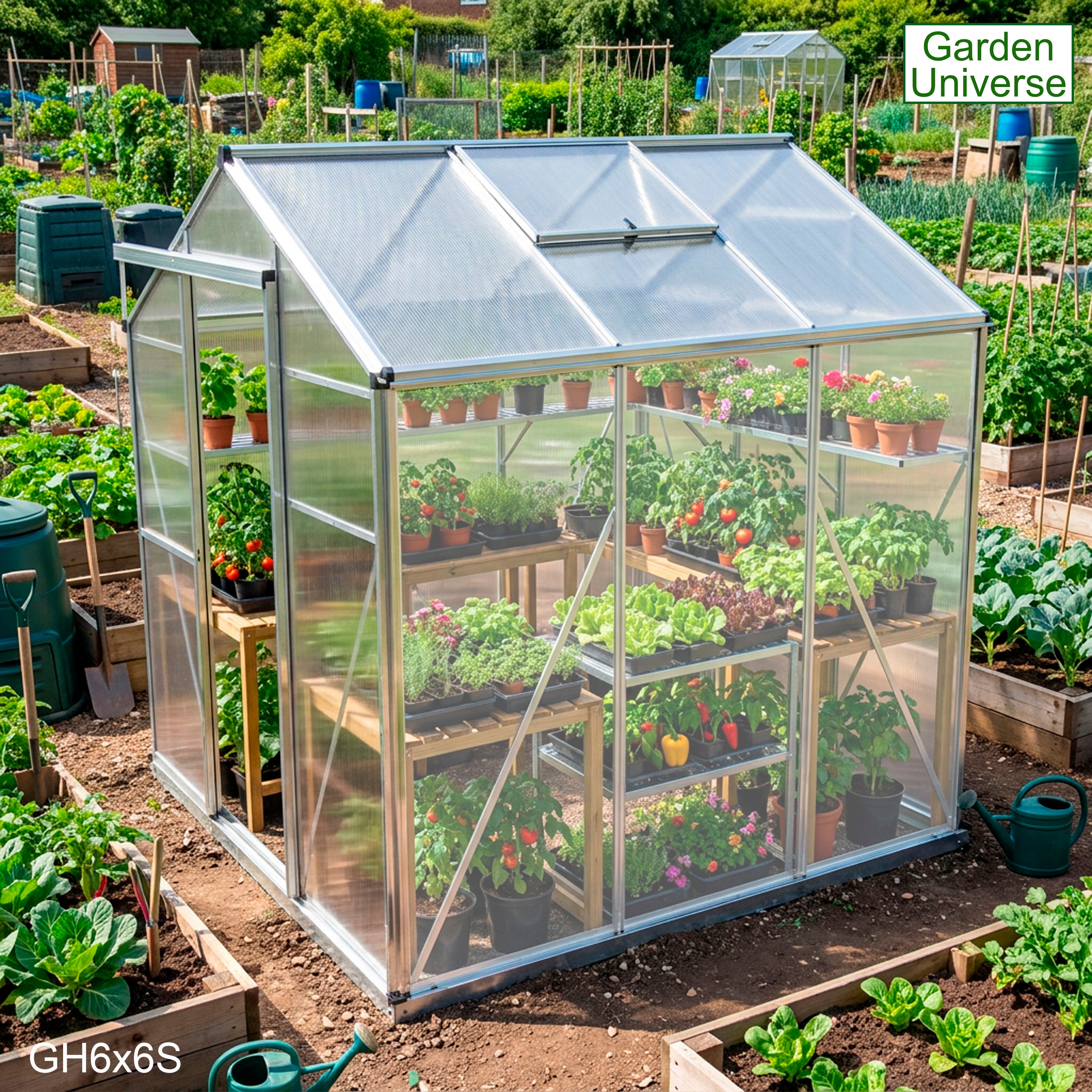 Greenhouse 6' x 6' Silver Aluminium Frame Polycarbonate Panels and Free Base