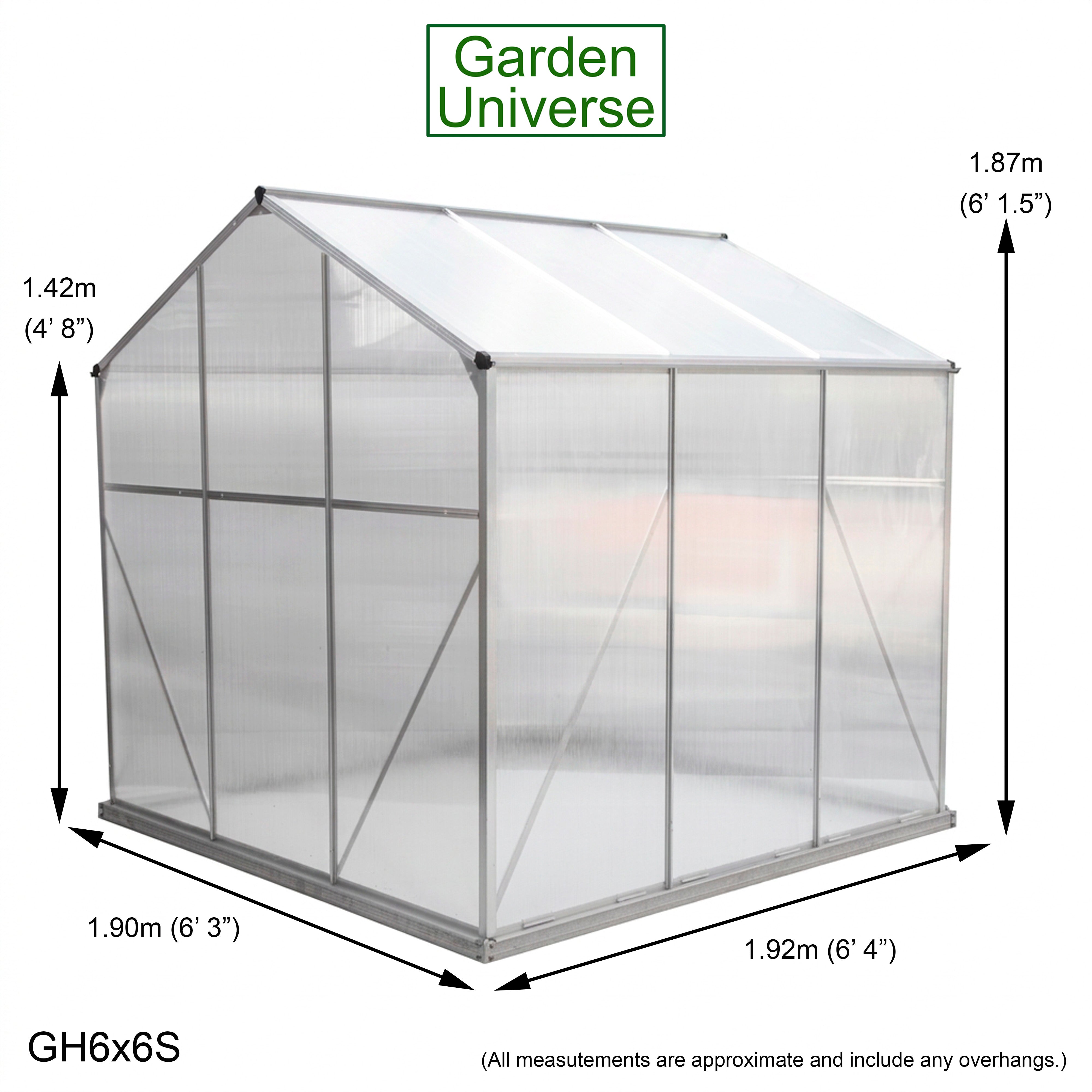 Greenhouse 6' x 6' Silver Aluminium Frame Polycarbonate Panels and Free Base