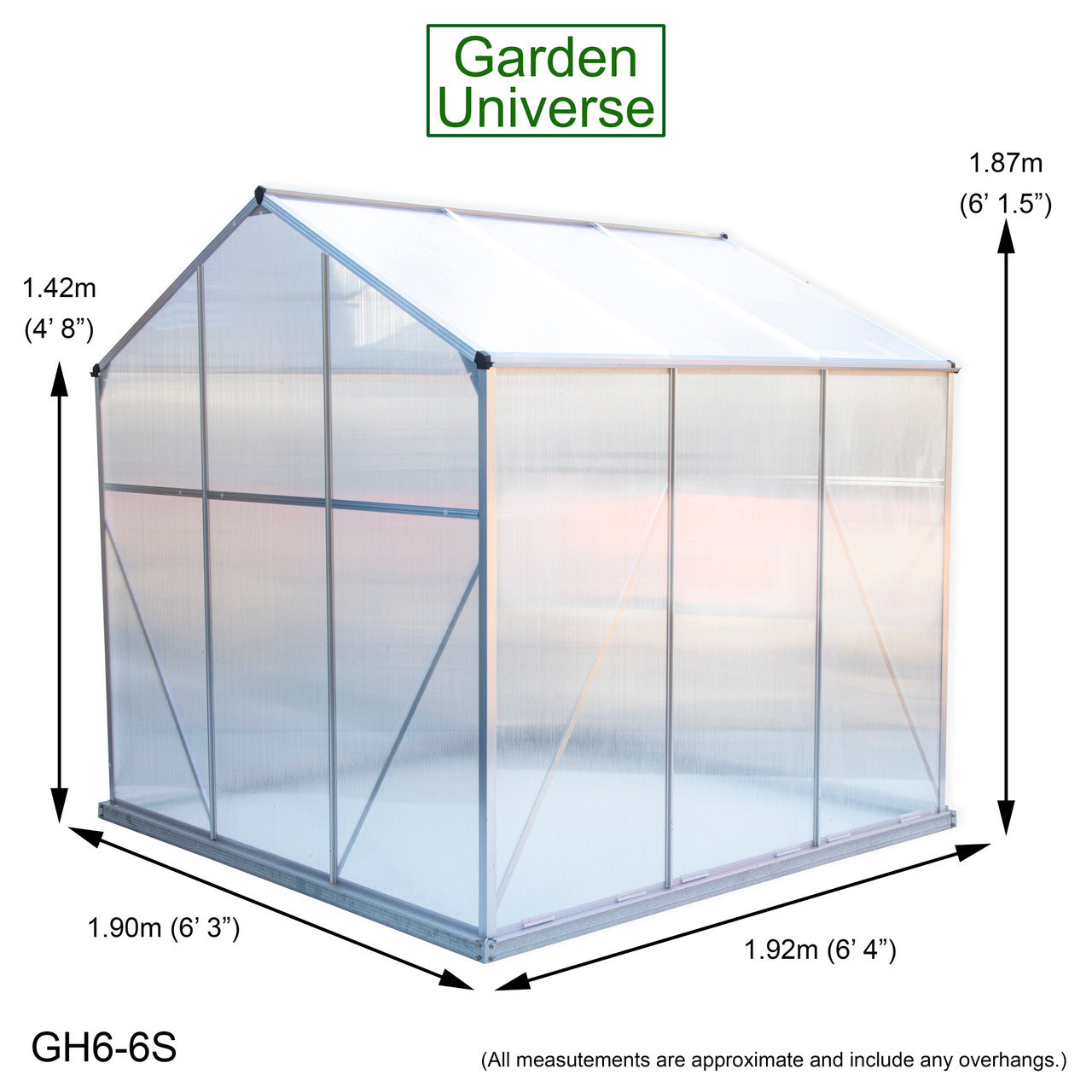 Greenhouse 6' x 6' Silver Aluminium Frame Polycarbonate Panels and Free Base