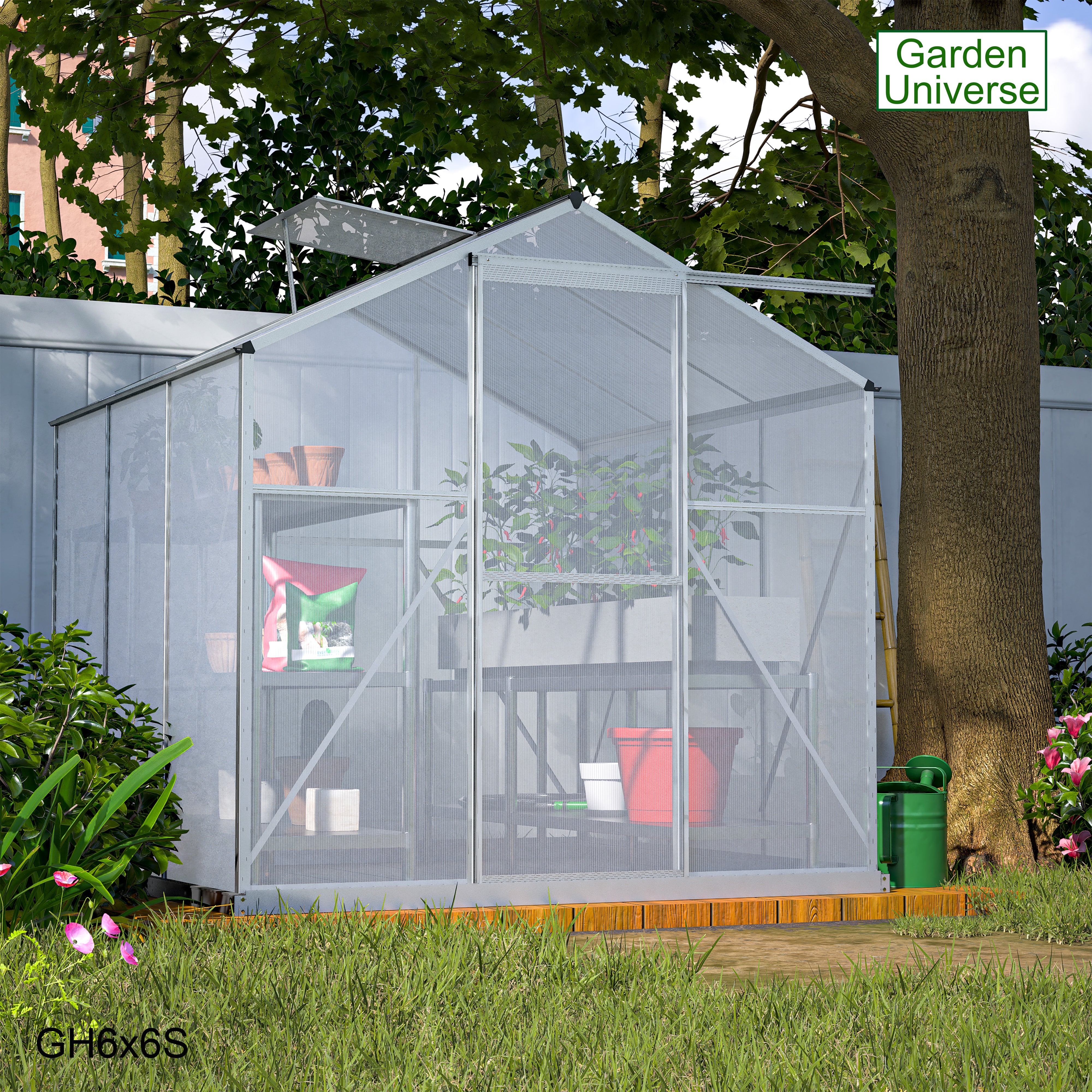 Greenhouse 6' x 6' Silver Aluminium Frame Polycarbonate Panels and Free Base