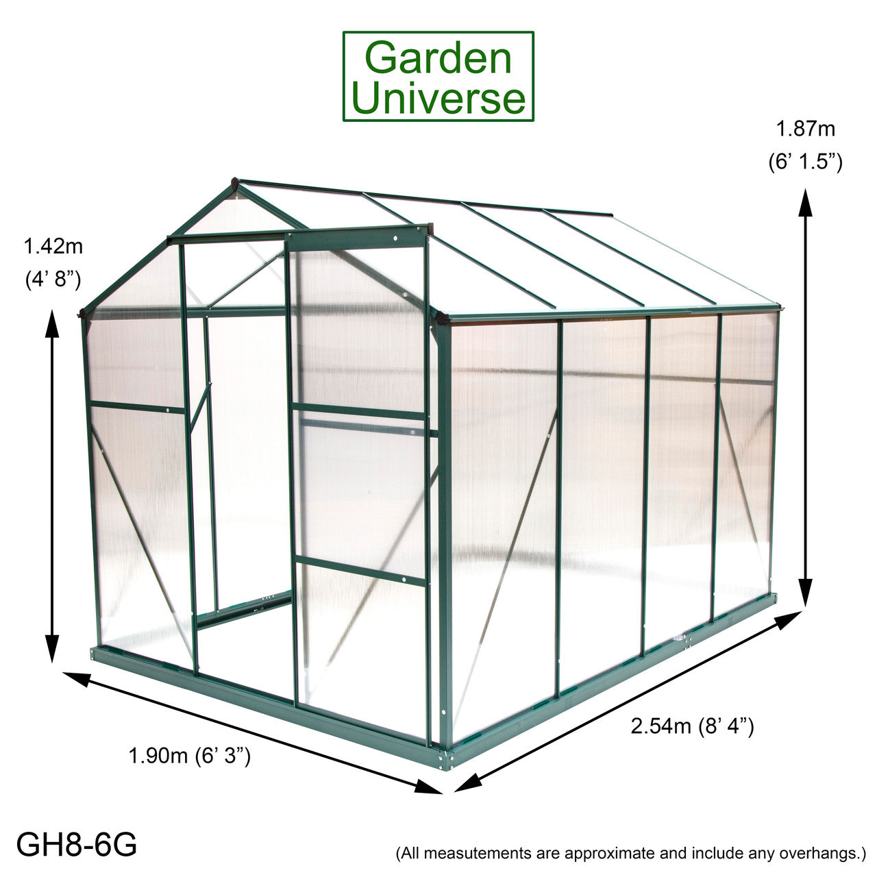 Greenhouse 6' x 8' Green Aluminium Frame Polycarbonate Panels and Free Base