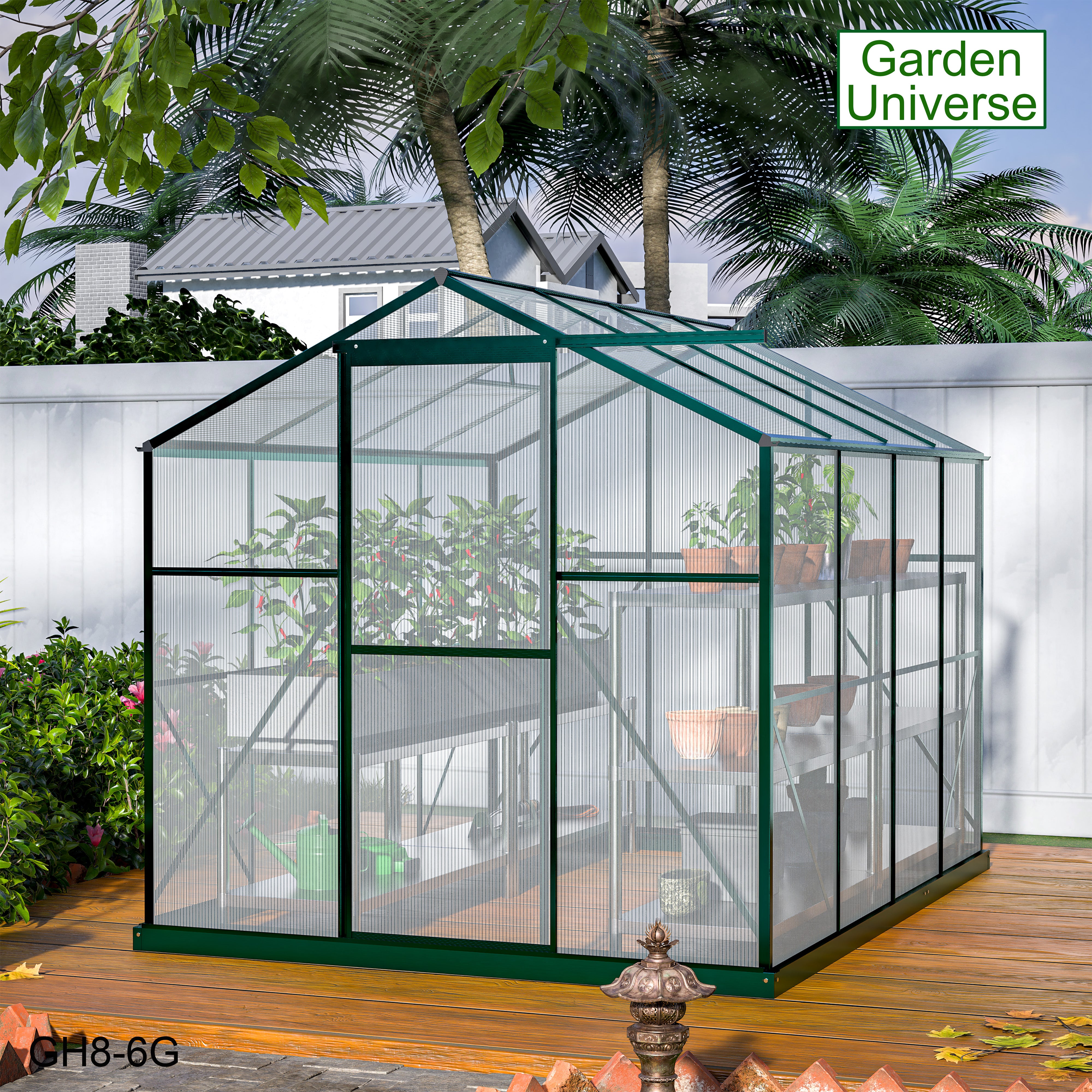 Greenhouse 6' x 8' Green Aluminium Frame Polycarbonate Panels and Free Base