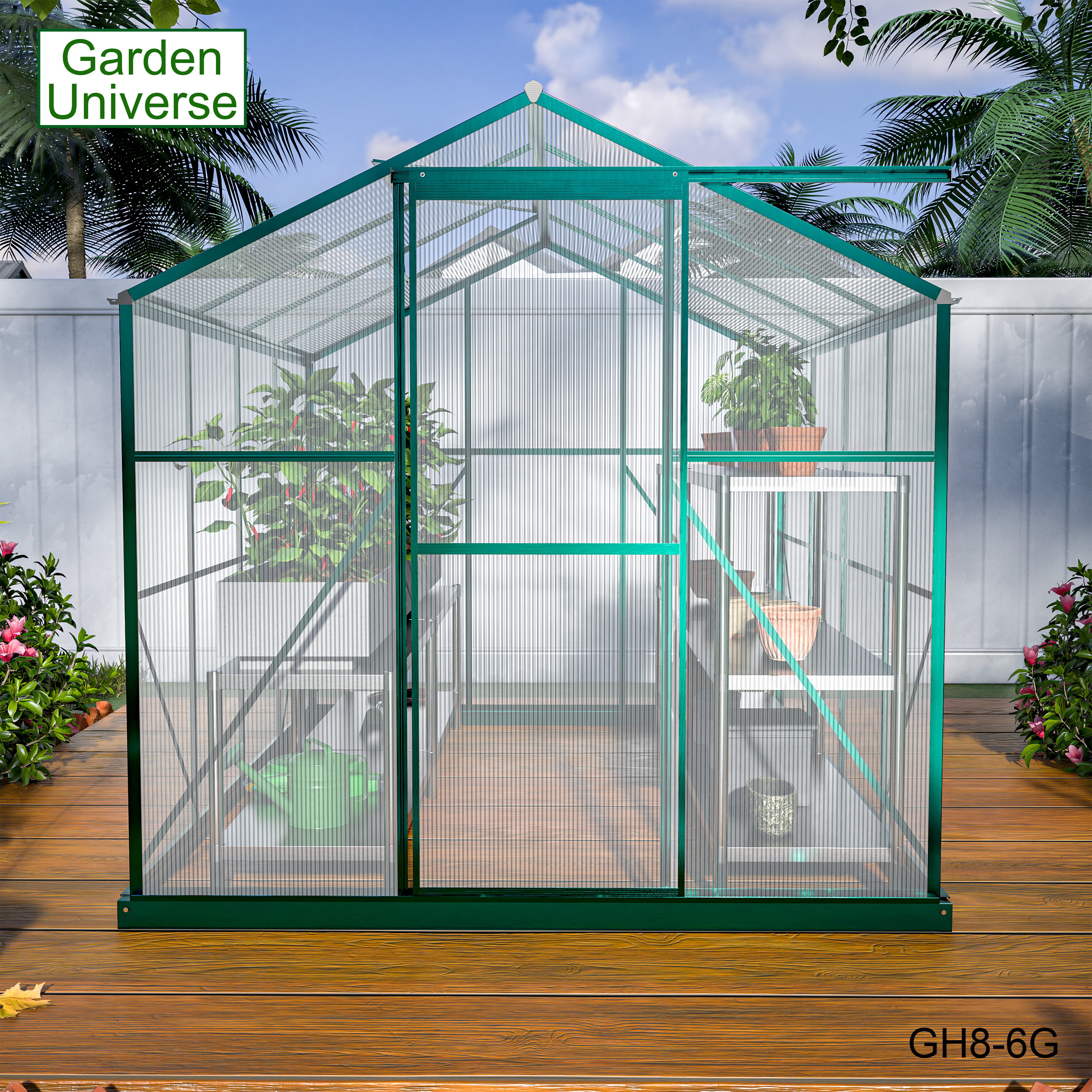 Greenhouse 6' x 8' Green Aluminium Frame Polycarbonate Panels and Free Base