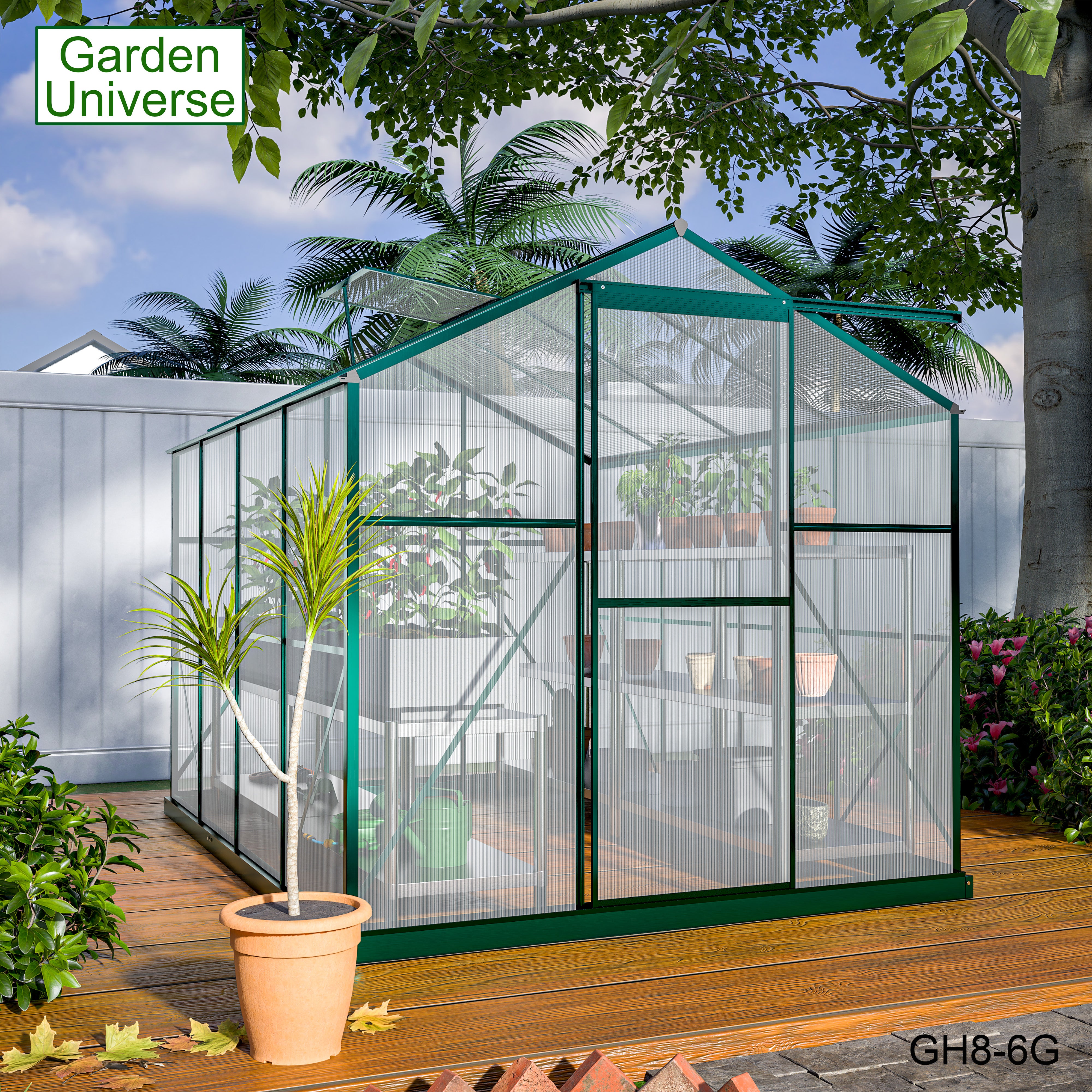 Greenhouse 6' x 8' Green Aluminium Frame Polycarbonate Panels and Free Base