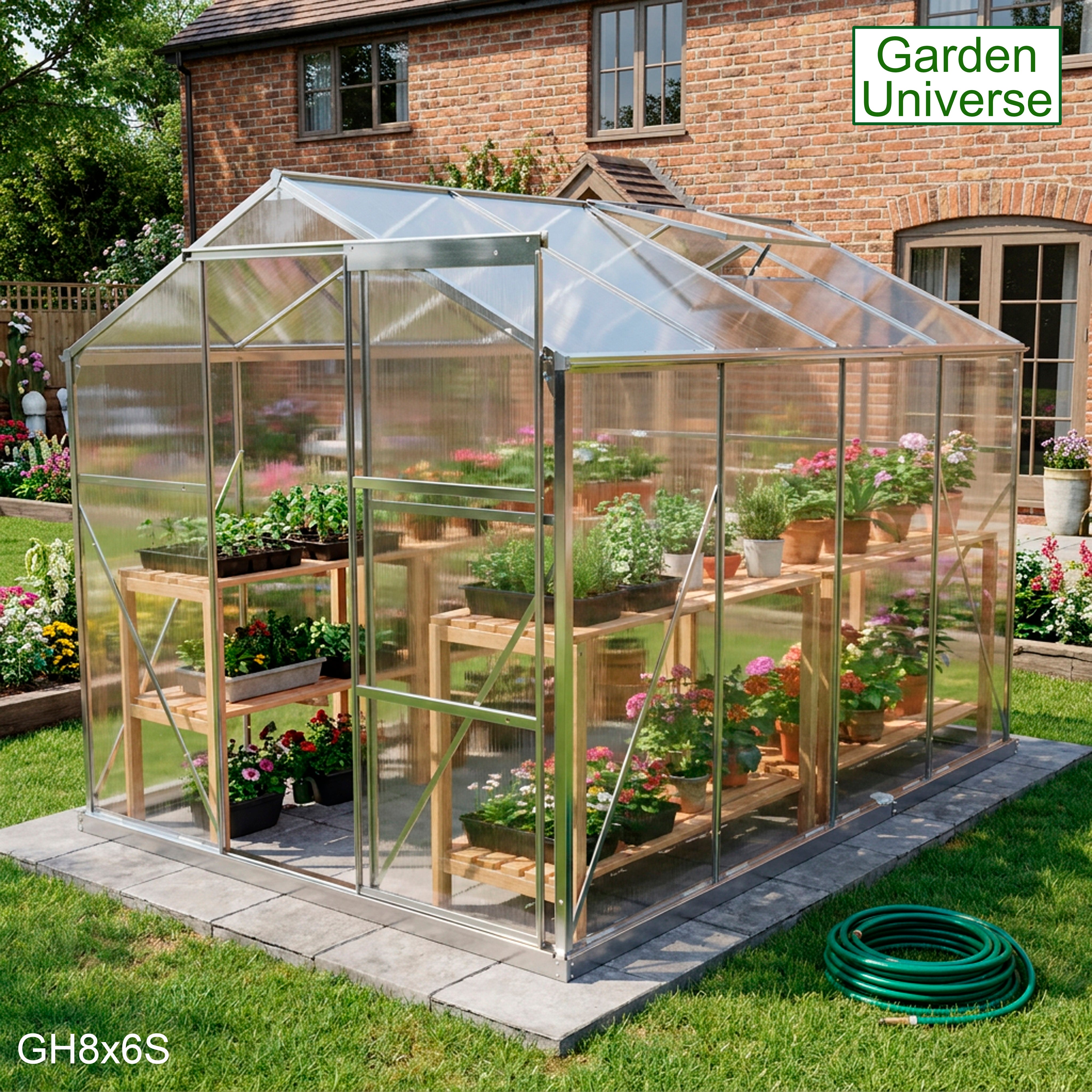 Greenhouse 6' x 8' Silver Aluminium Frame Polycarbonate Panels Free Base