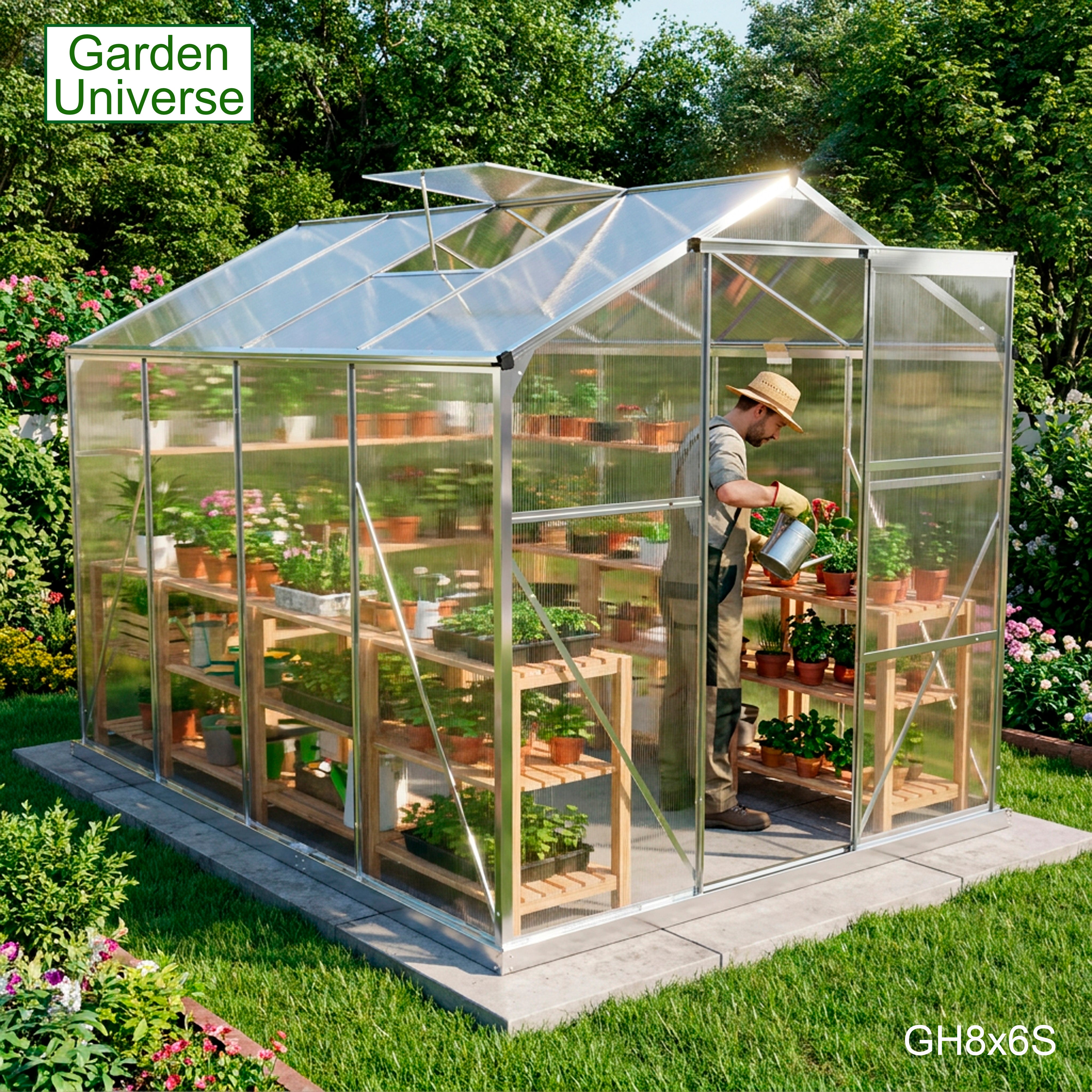 Greenhouse 6' x 8' Silver Aluminium Frame Polycarbonate Panels Free Base