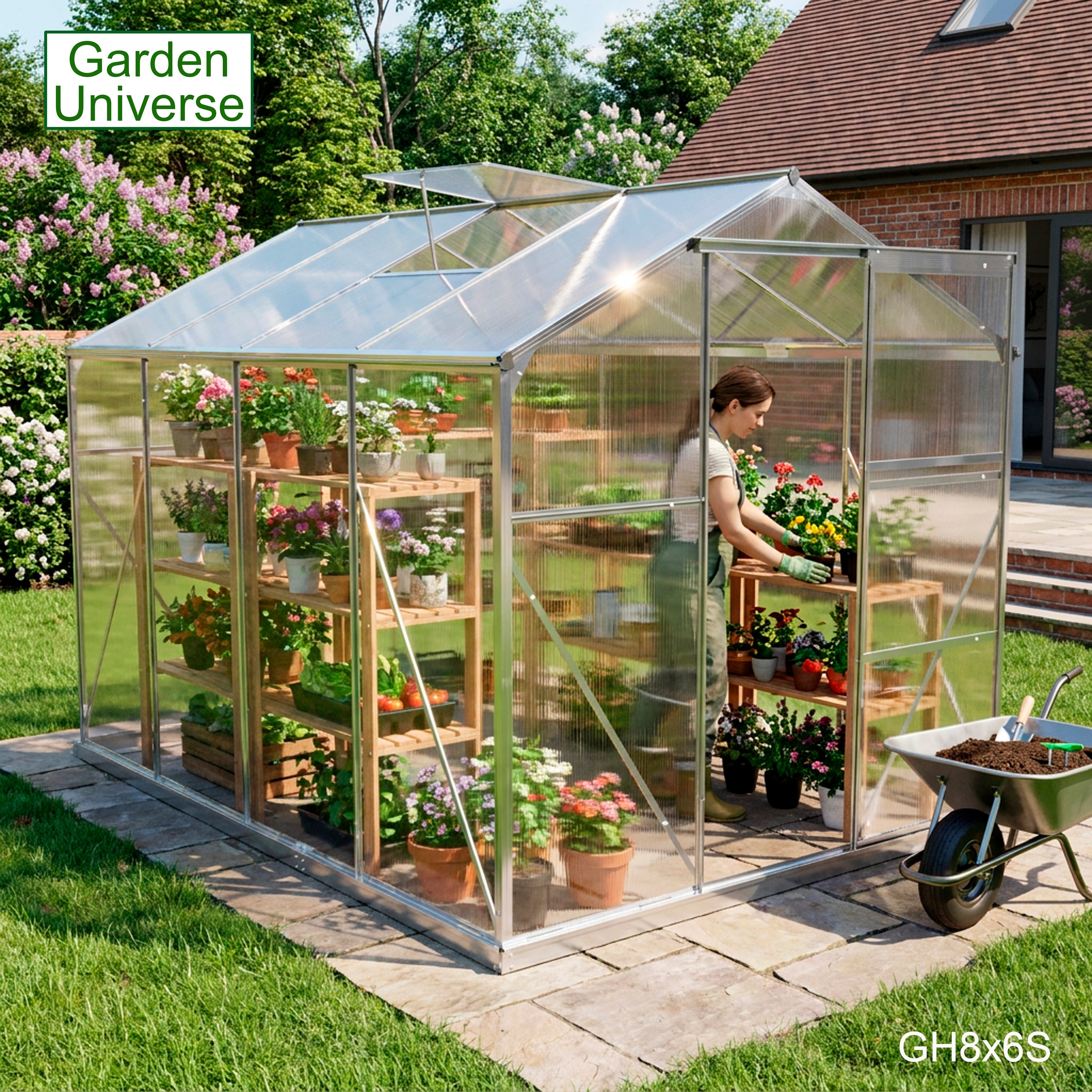 Greenhouse 6' x 8' Silver Aluminium Frame Polycarbonate Panels Free Base
