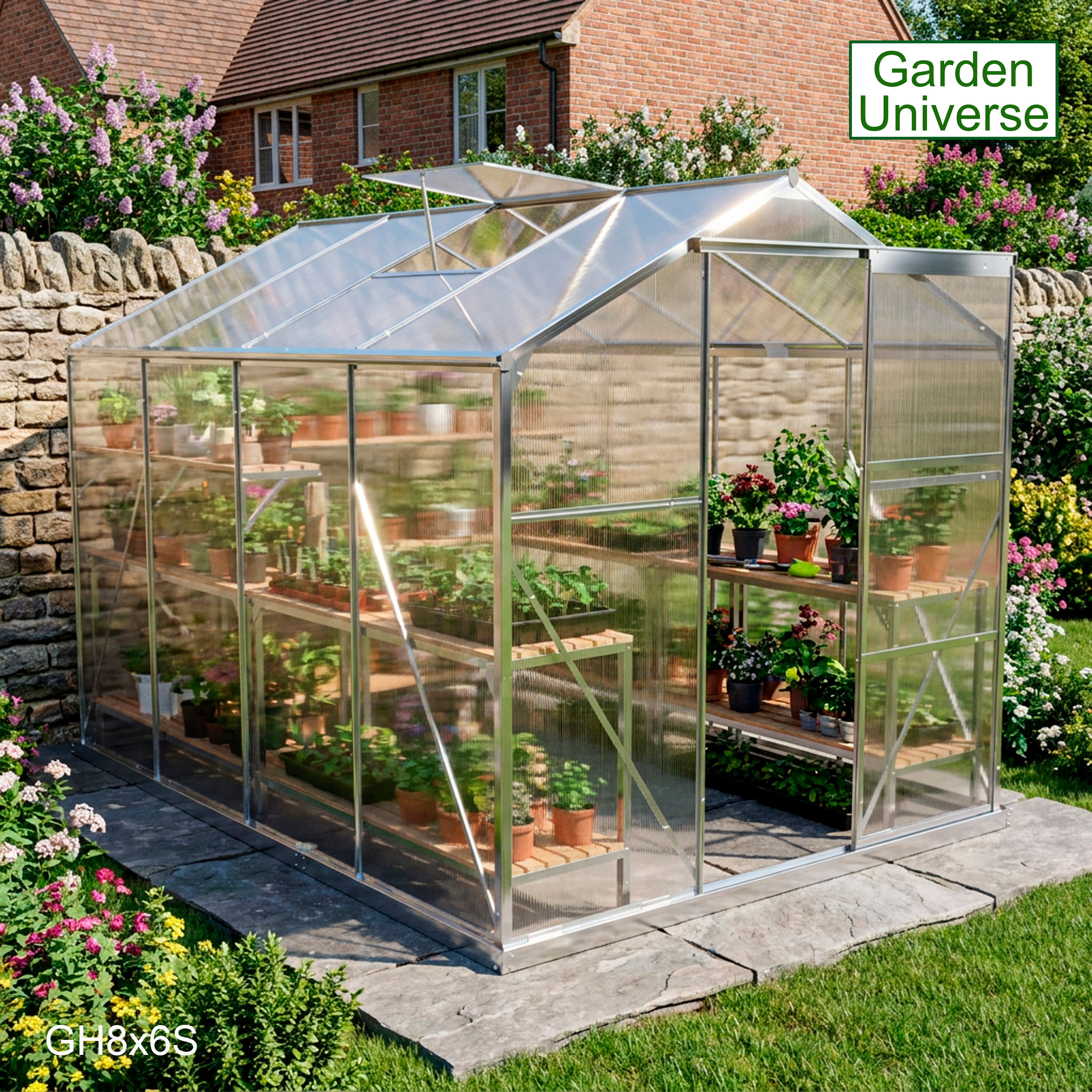 Greenhouse 6' x 8' Silver Aluminium Frame Polycarbonate Panels Free Base