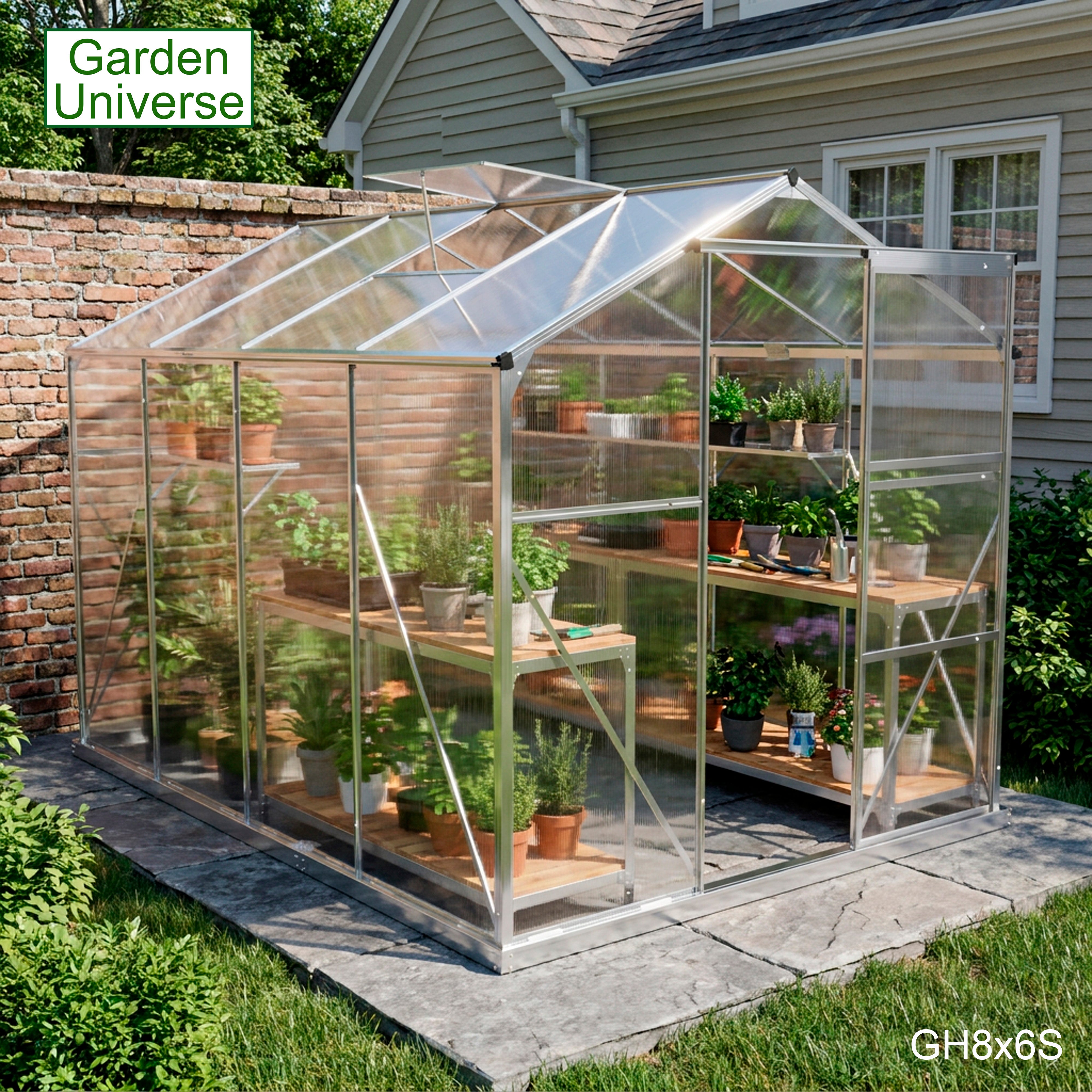 Greenhouse 6' x 8' Silver Aluminium Frame Polycarbonate Panels Free Base