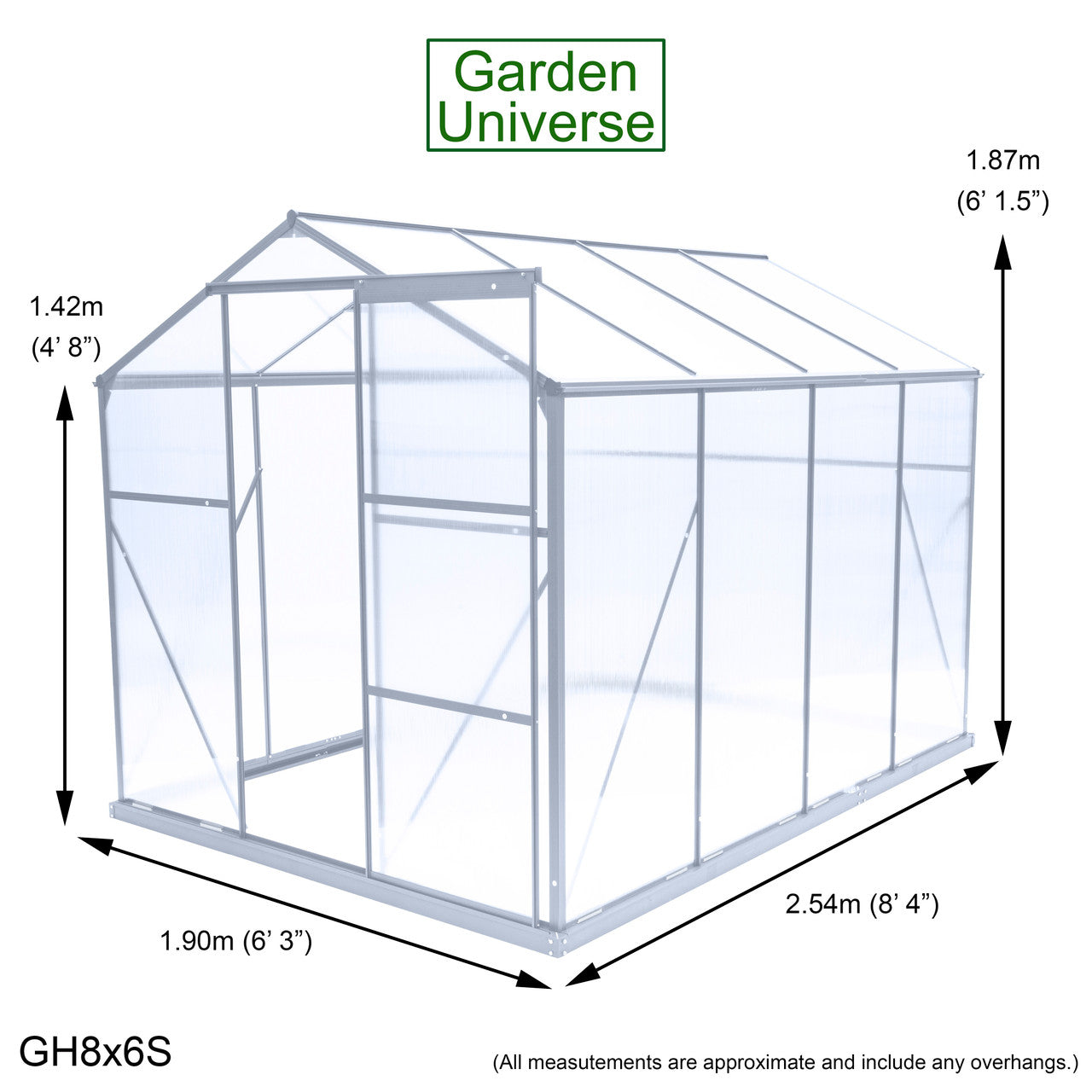 Greenhouse 6' x 8' Silver Aluminium Frame Polycarbonate Panels Free Base