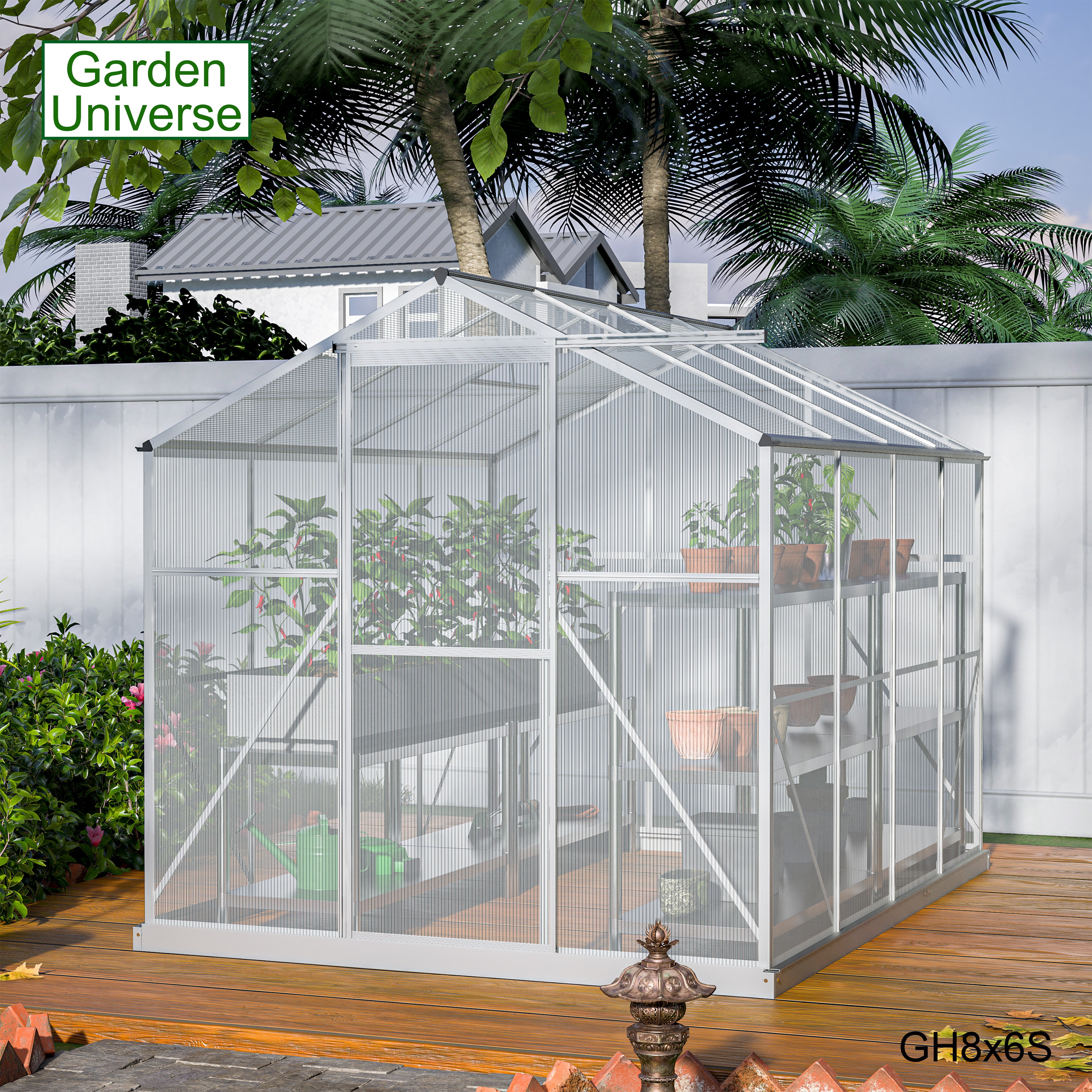 Greenhouse 6' x 8' Silver Aluminium Frame Polycarbonate Panels Free Base