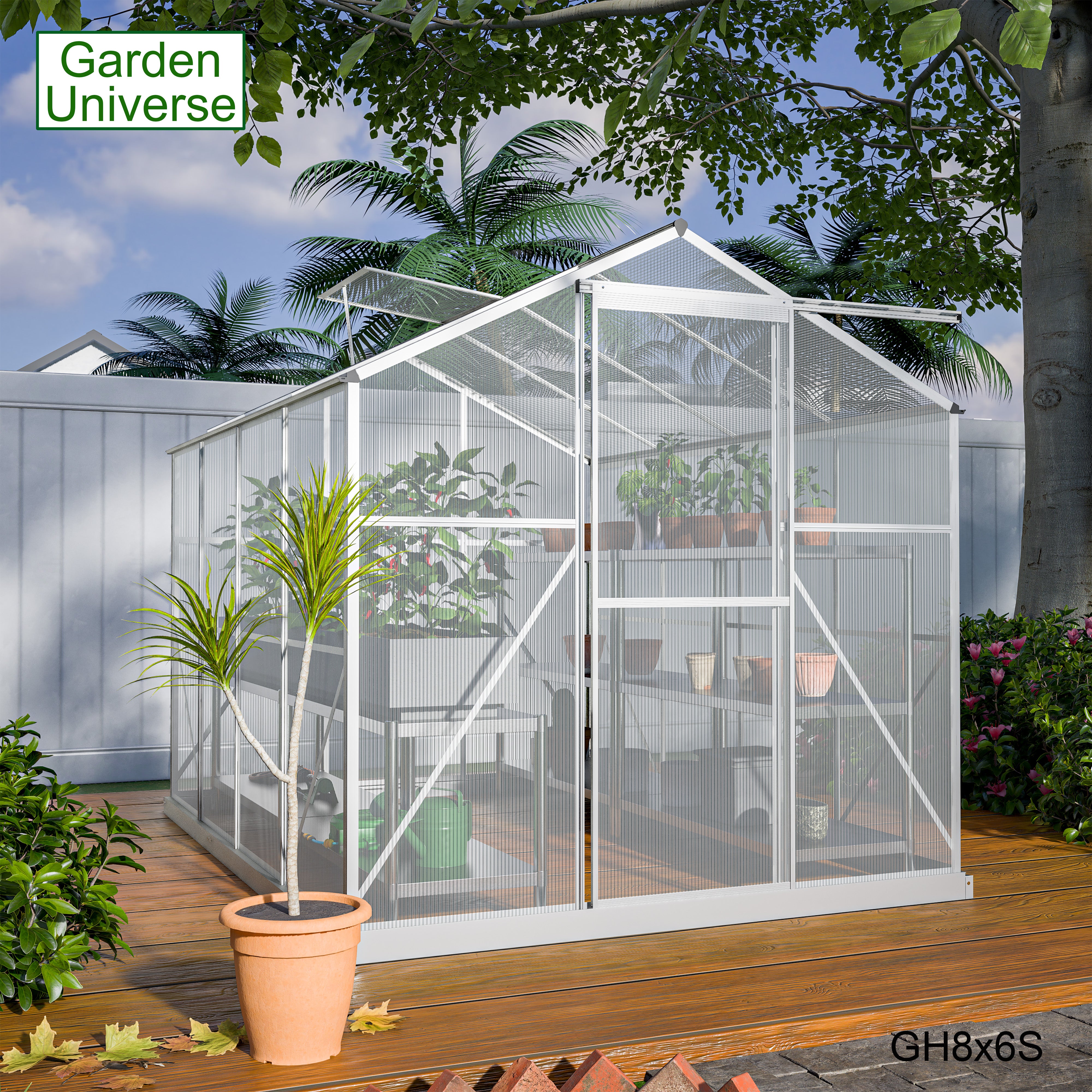 Greenhouse 6' x 8' Silver Aluminium Frame Polycarbonate Panels Free Base