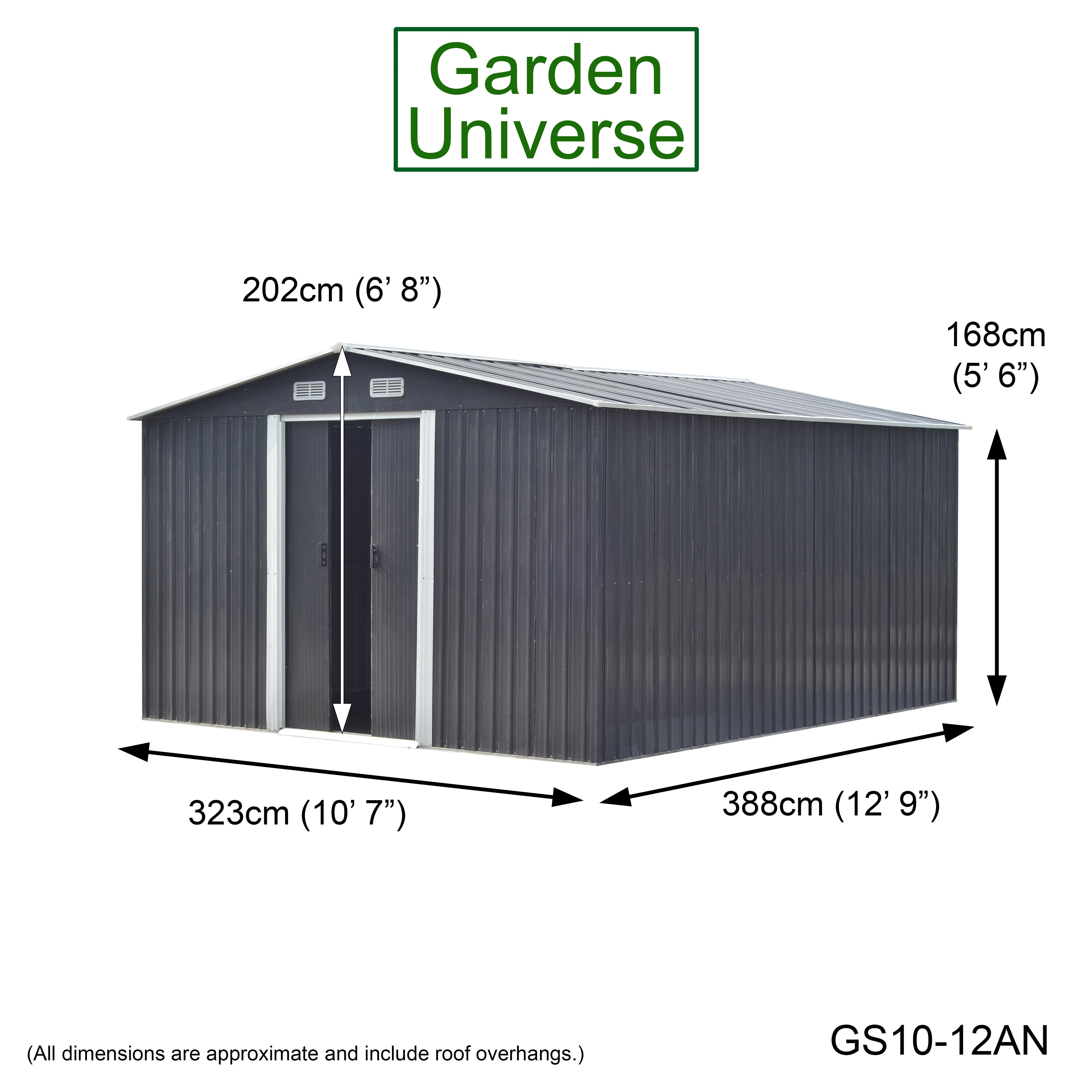 Metal Garden Shed 10' x 12' Storage in Anthracite with Base Frame GS10-12AN