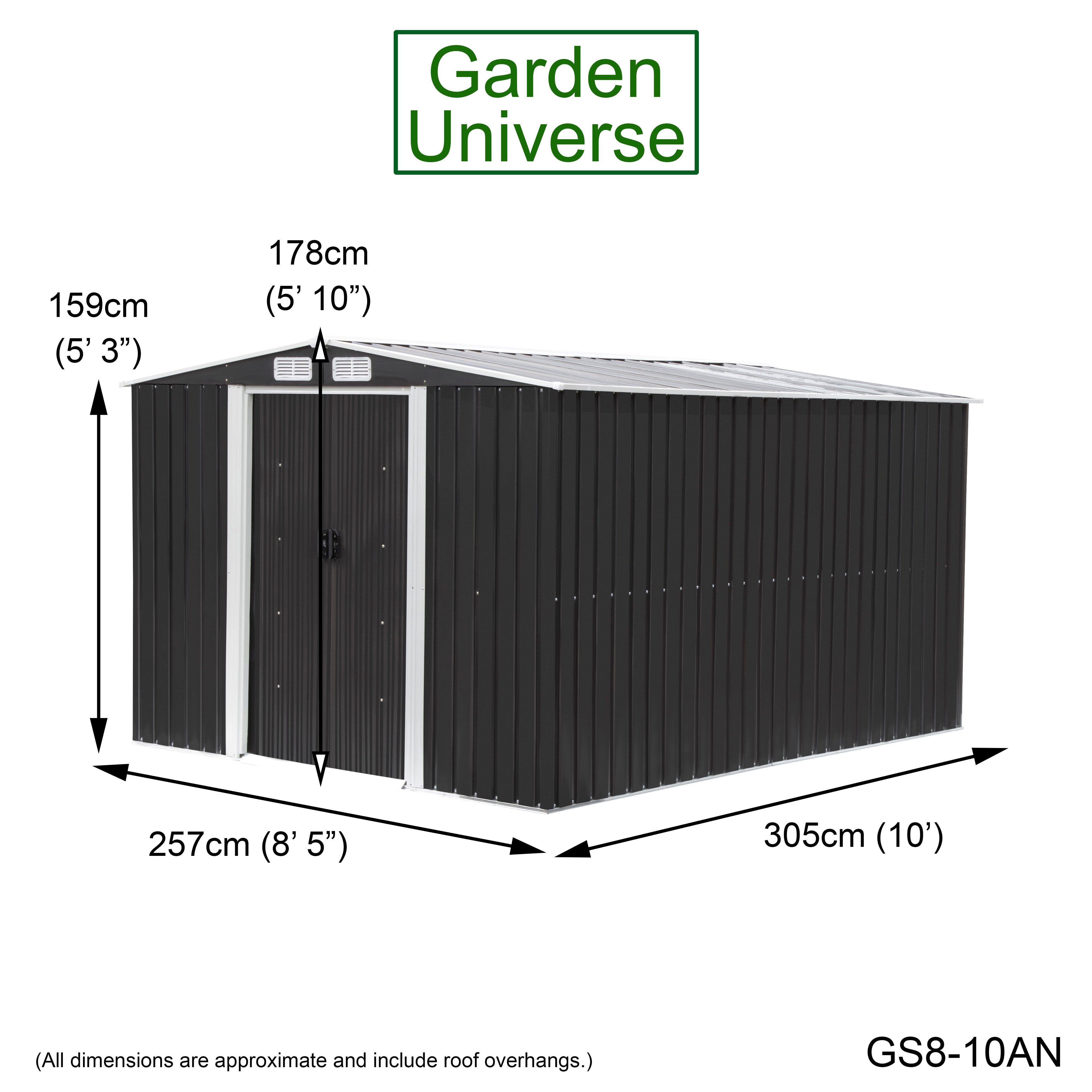 Metal Garden Shed 8' x 10' Storage in Anthracite with Base Frame GS8-10AN