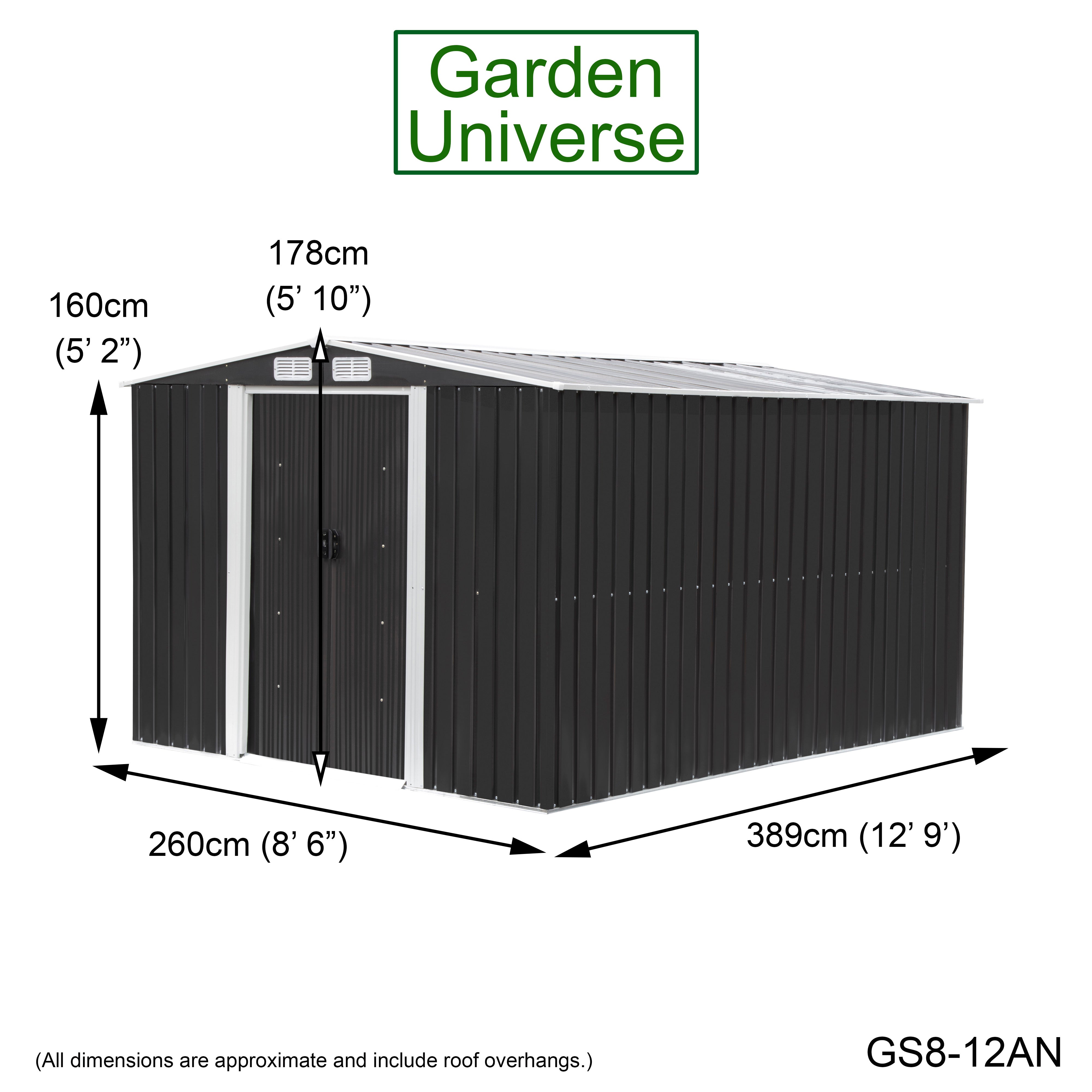 Metal Garden Shed 8' x 12' Storage in Anthracite with Base Frame GS8-12AN