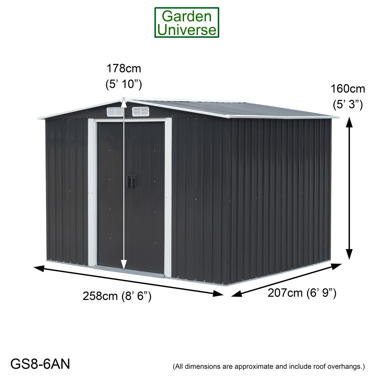 Metal Garden Shed 8' x 6' Storage in Anthracite with Base Frame GS8-6AN