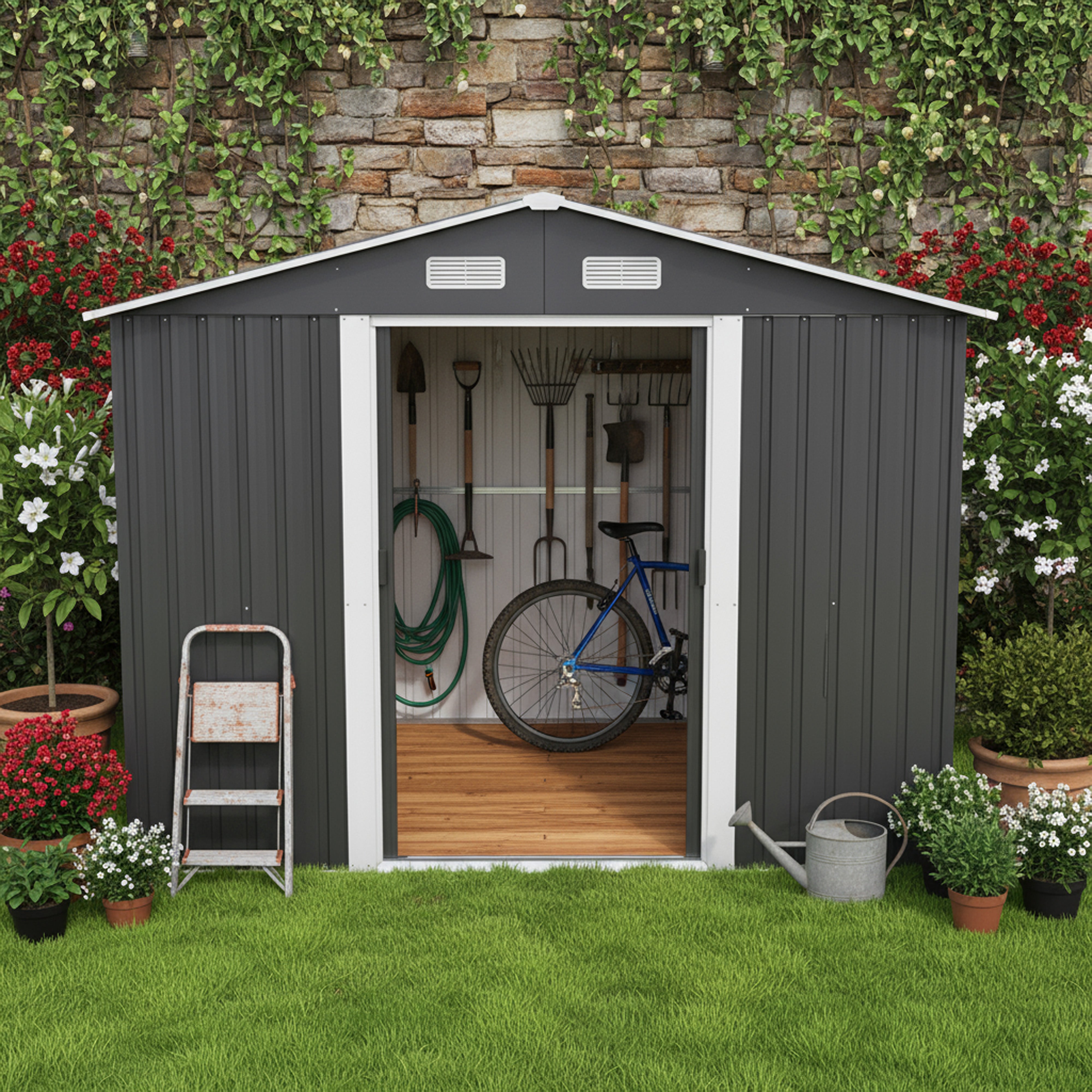 Metal Garden Shed 8' x 8' Storage in Anthracite with Base Frame GS8-8AN
