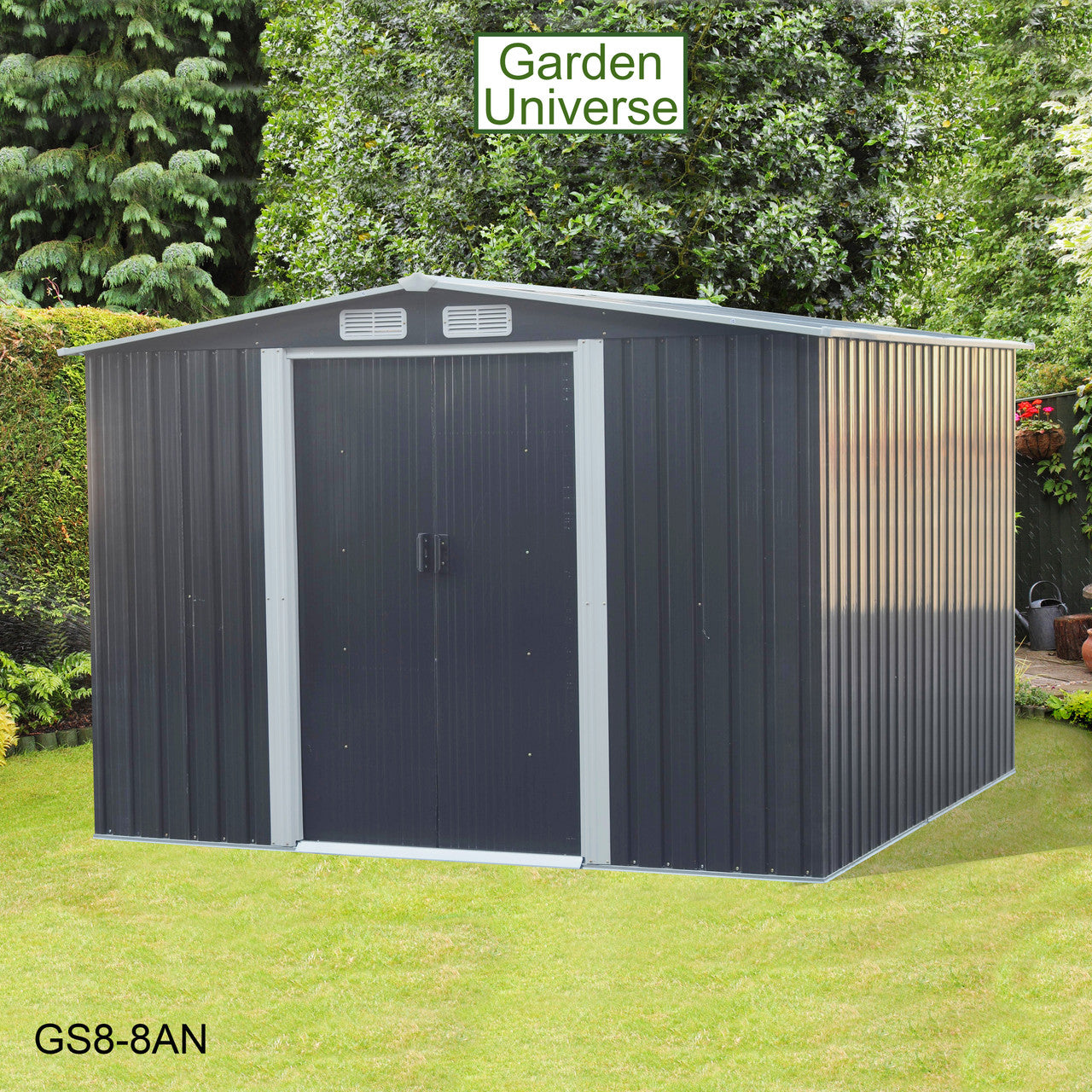 Metal Garden Shed 8' x 8' Storage in Anthracite with Base Frame GS8-8AN