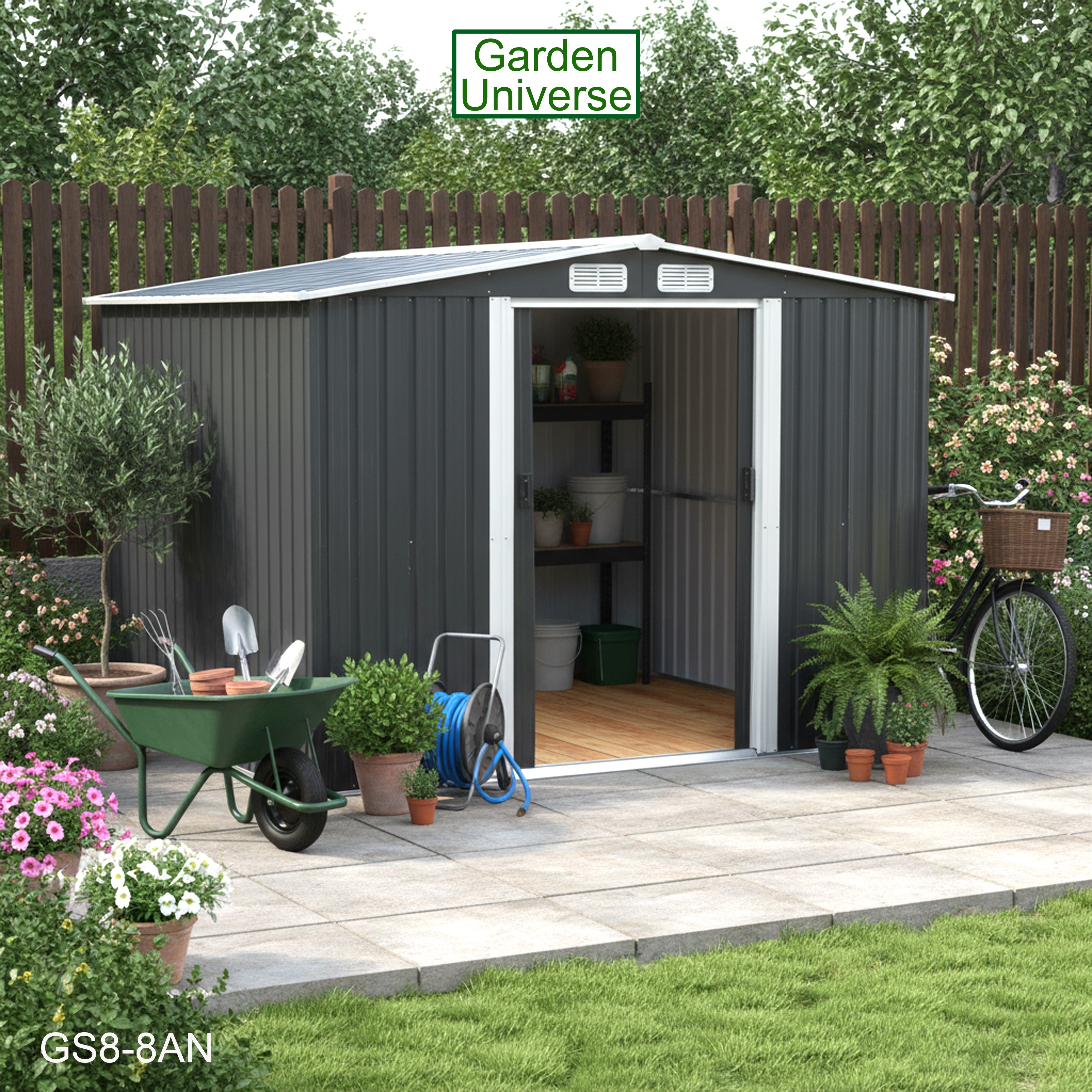 Metal Garden Shed 8' x 8' Storage in Anthracite with Base Frame GS8-8AN