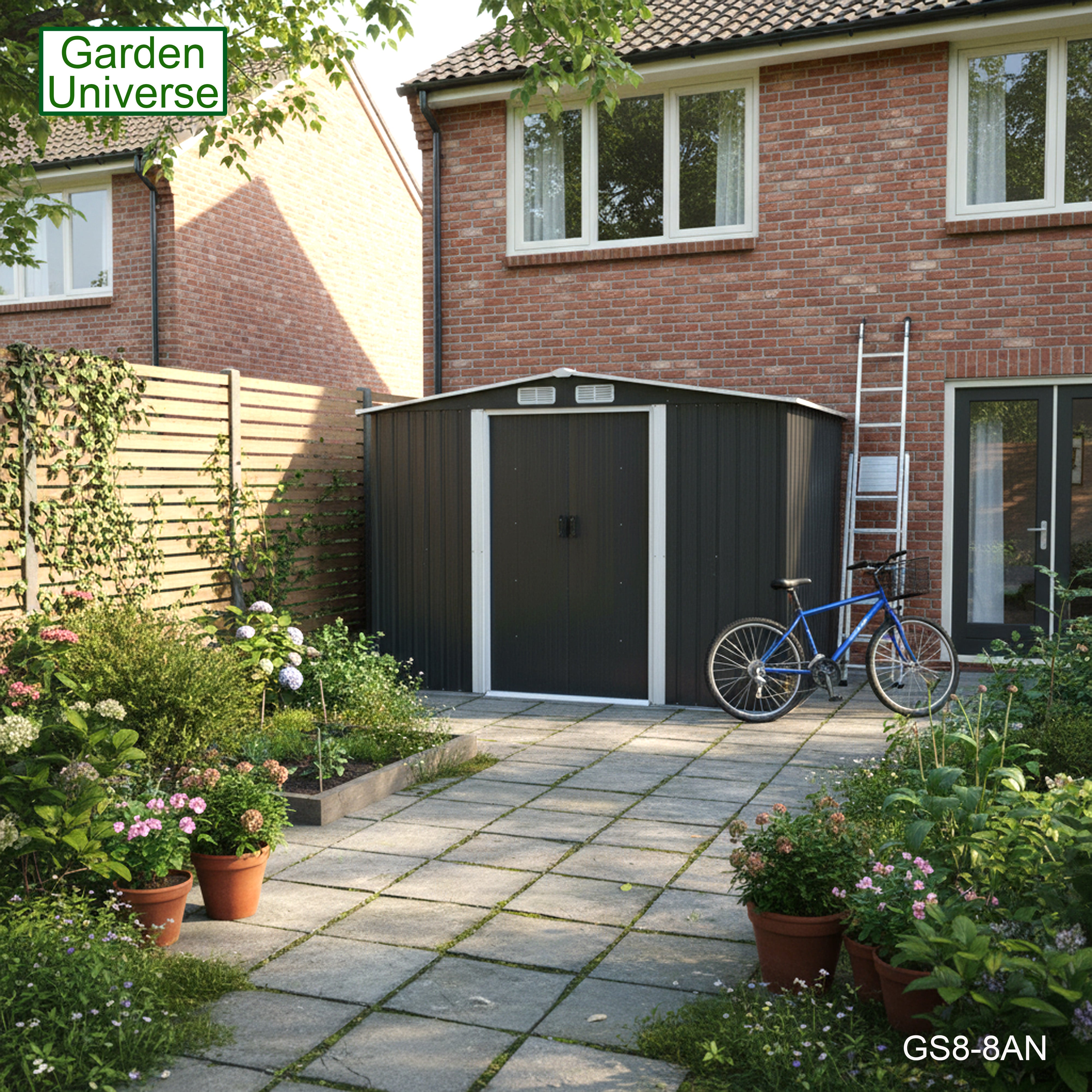 Metal Garden Shed 8' x 8' Storage in Anthracite with Base Frame GS8-8AN