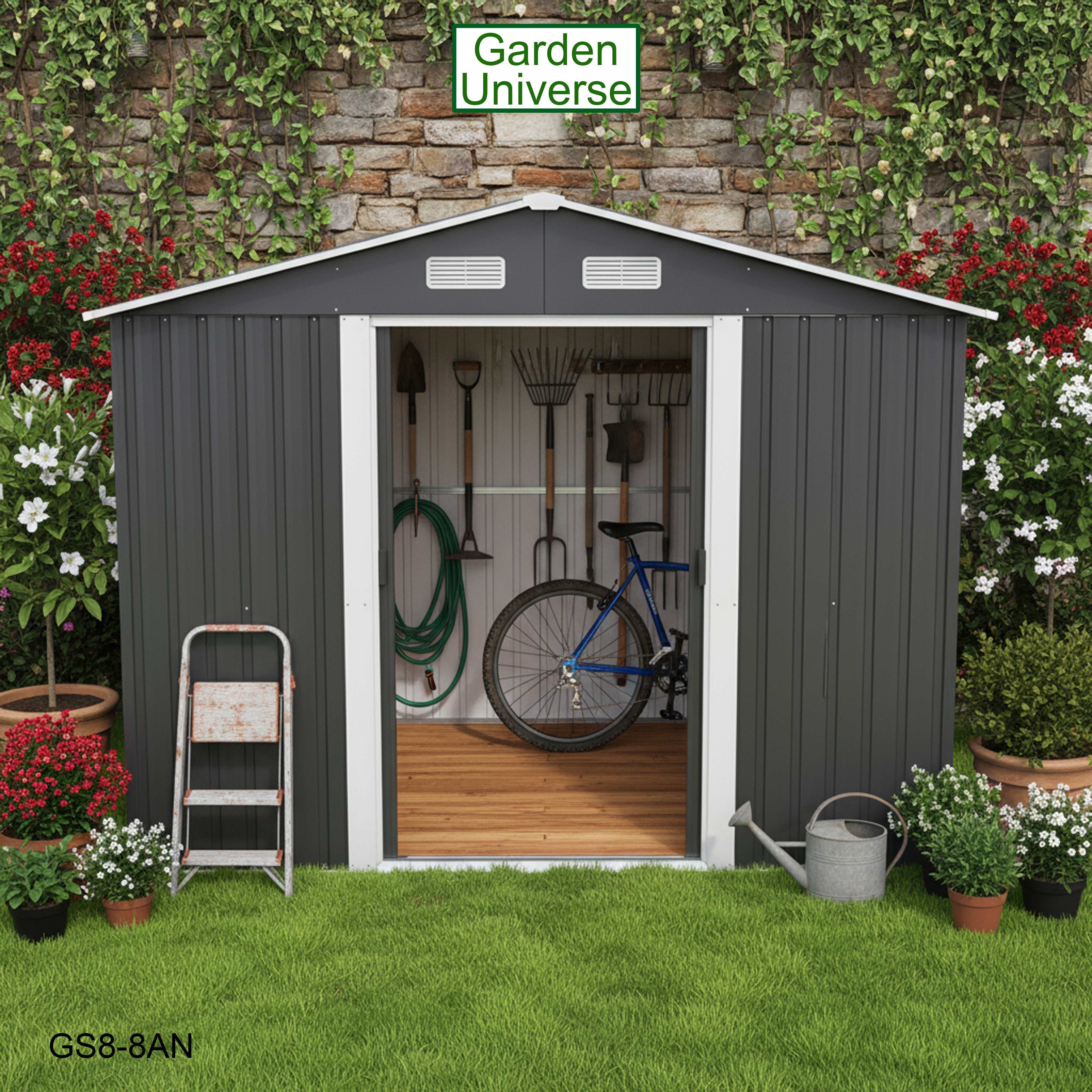 Metal Garden Shed 8' x 8' Storage in Anthracite with Base Frame GS8-8AN