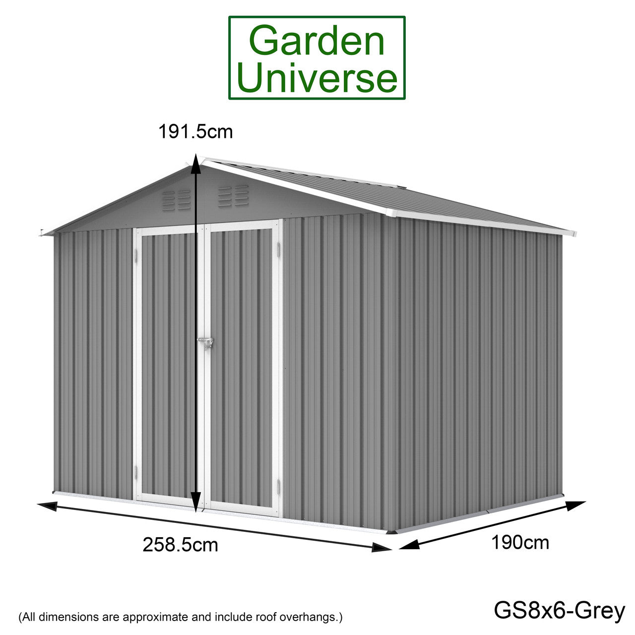 Metal Garden Shed 8' x 6' Storage in Grey with Base Frame GS8x6-Grey