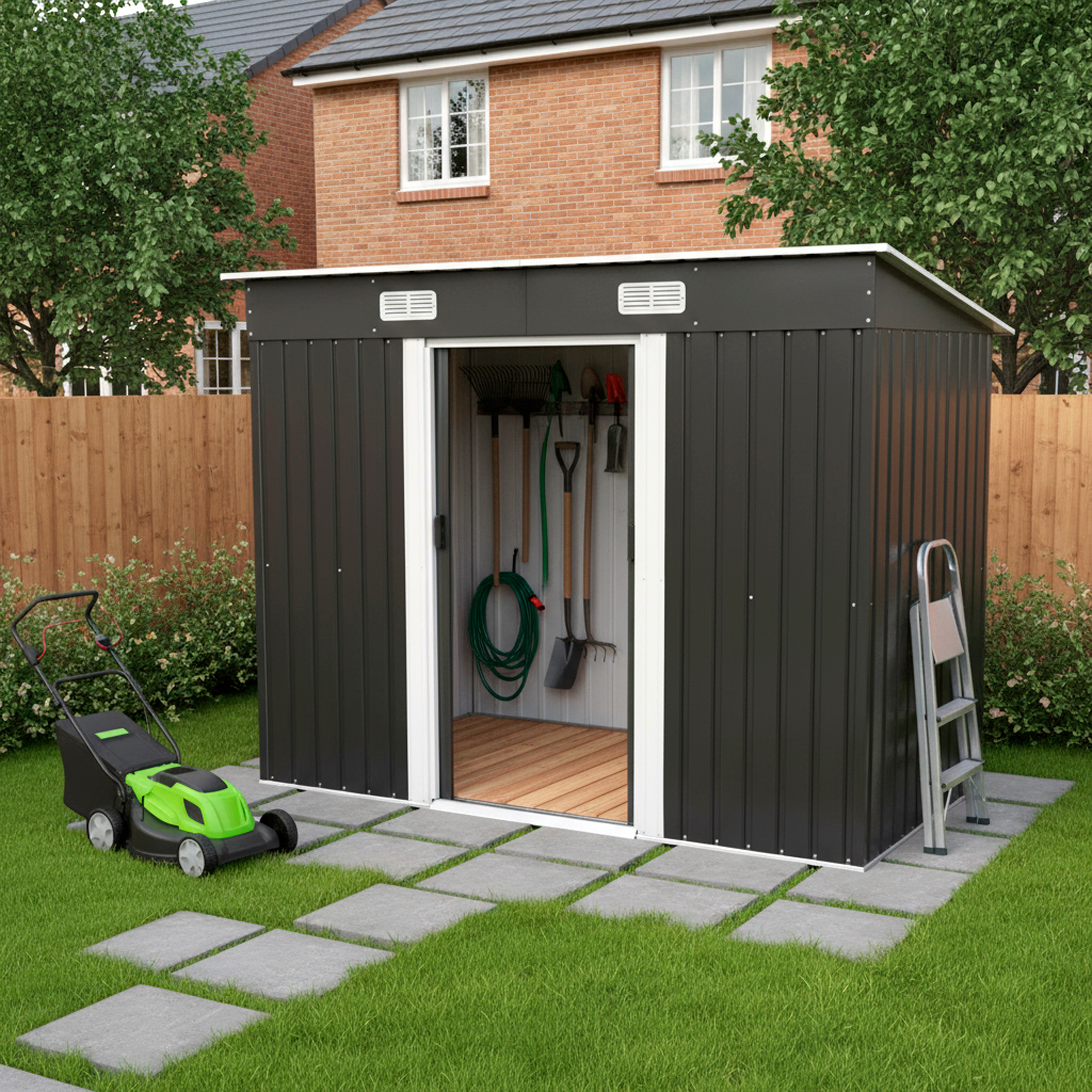 Metal Garden Shed 8' x 4' Storage in Anthracite with Base Frame GSP8-4AN