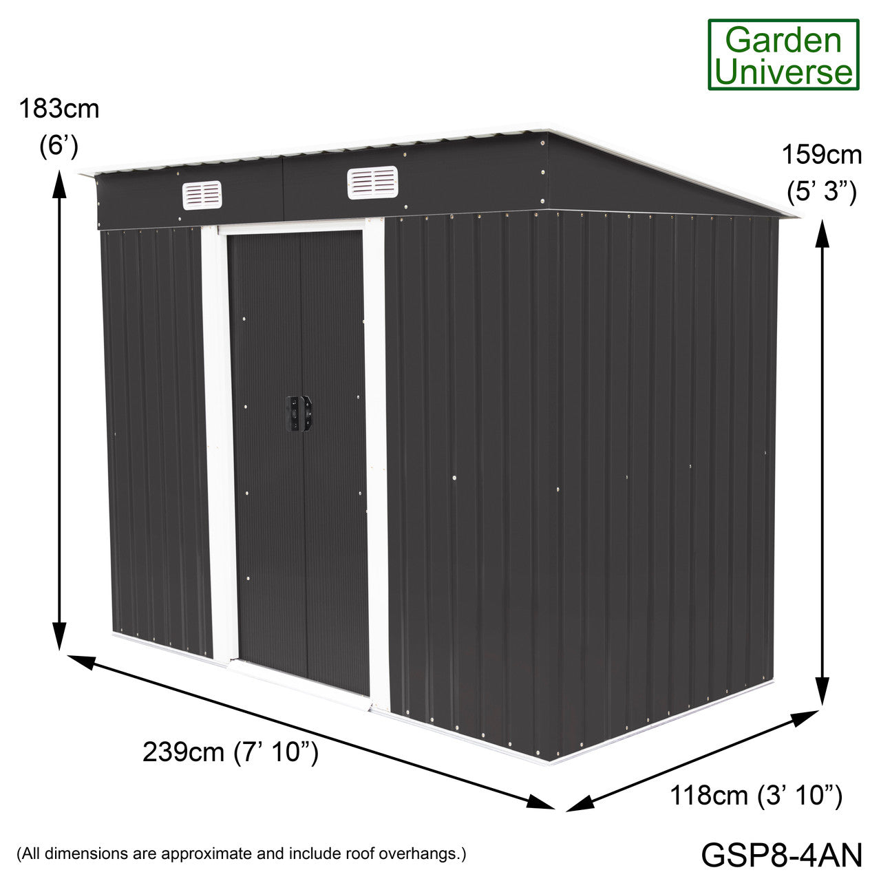 Metal Garden Shed 8' x 4' Storage in Anthracite with Base Frame GSP8-4AN