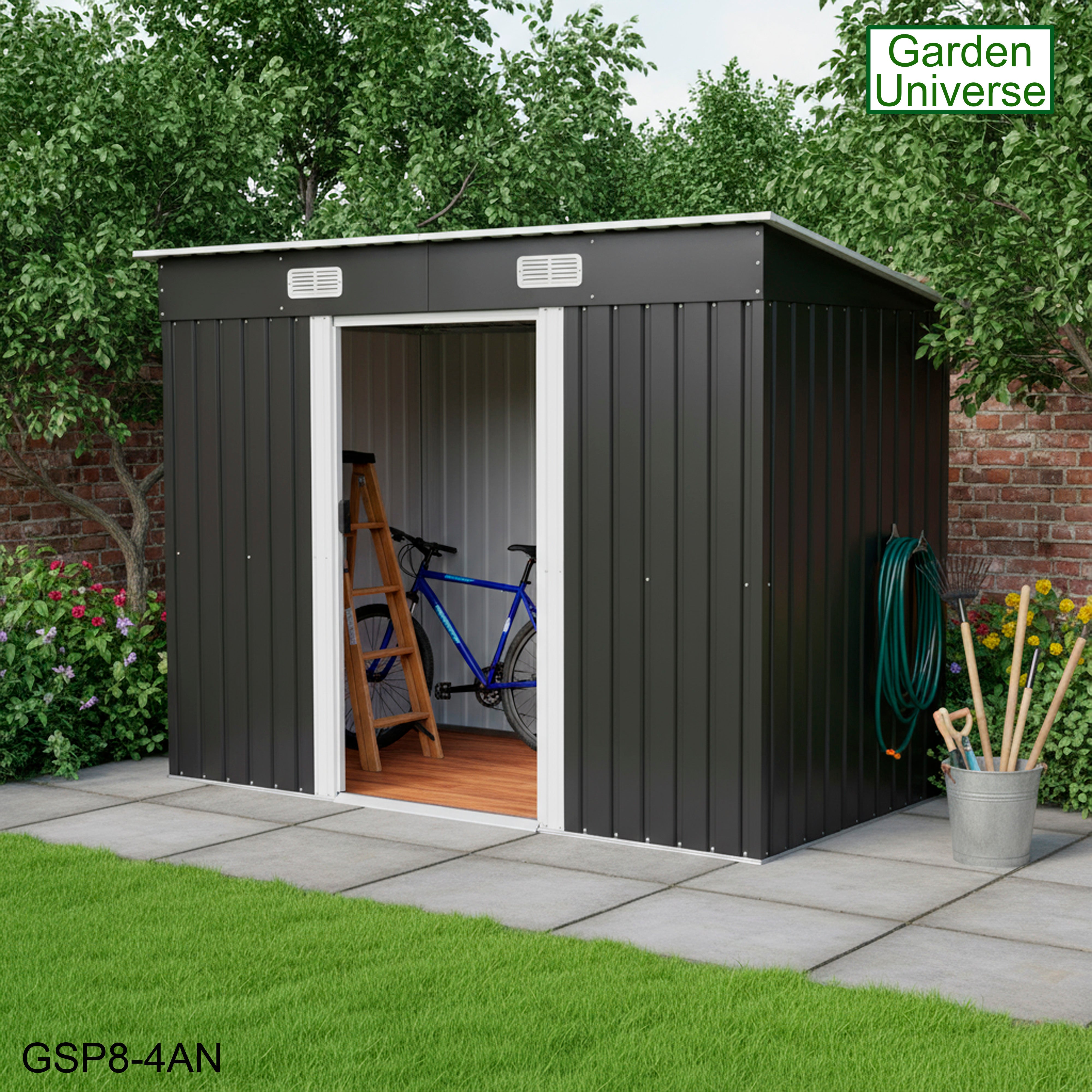 Metal Garden Shed 8' x 4' Storage in Anthracite with Base Frame GSP8-4AN