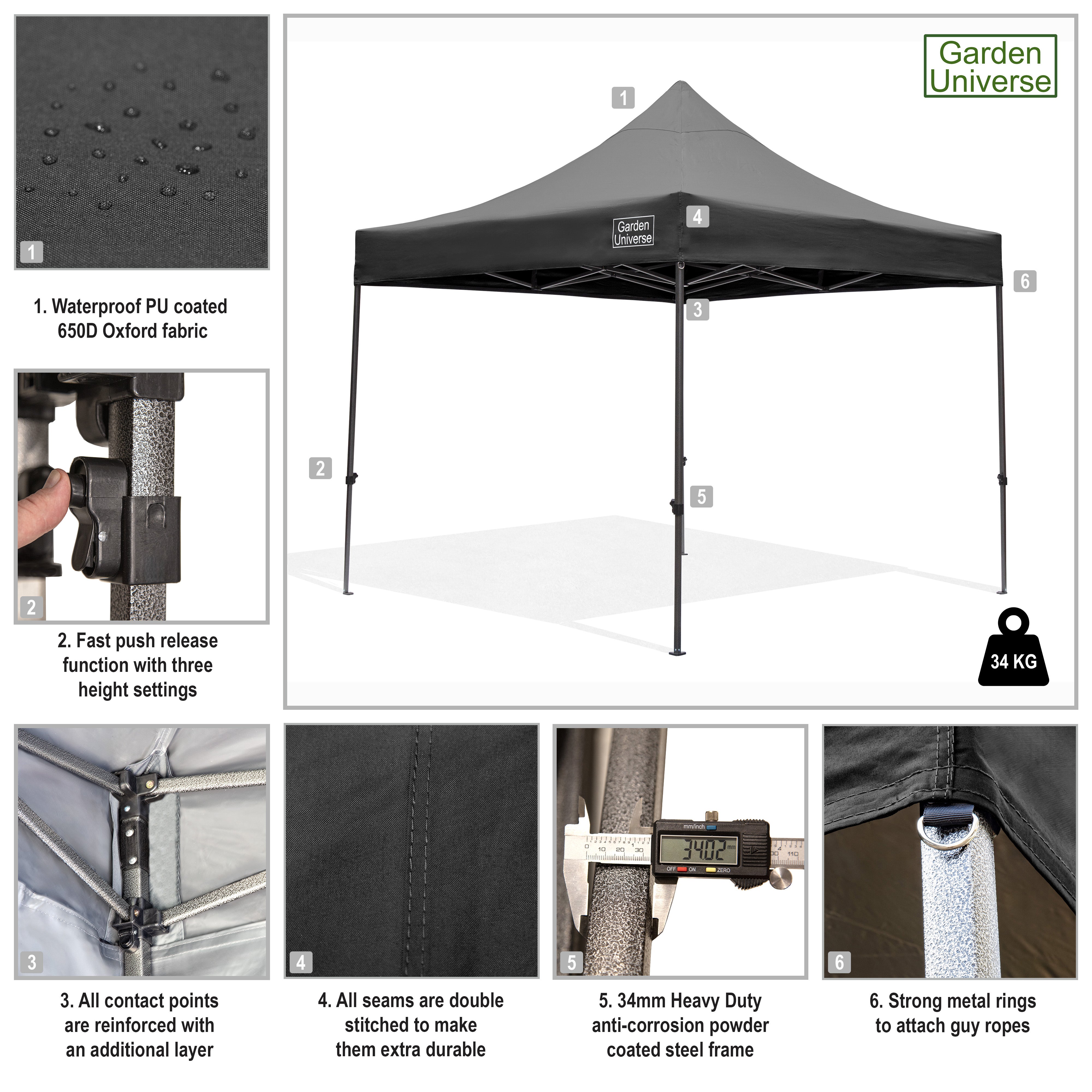 Gazebo 3m x 3m Commercial Grade Pop Up in Black with Heavy Duty Frame And Cover GAZ10-Black
